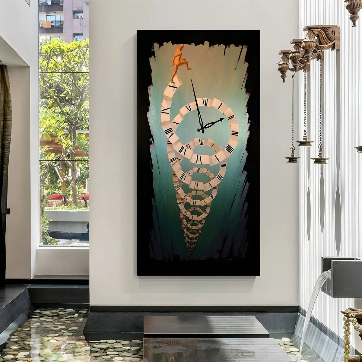Infinite Time Ascension modern canvas artwork featuring a spiral of clocks and an ascending figure in premium canvas wrapped frame