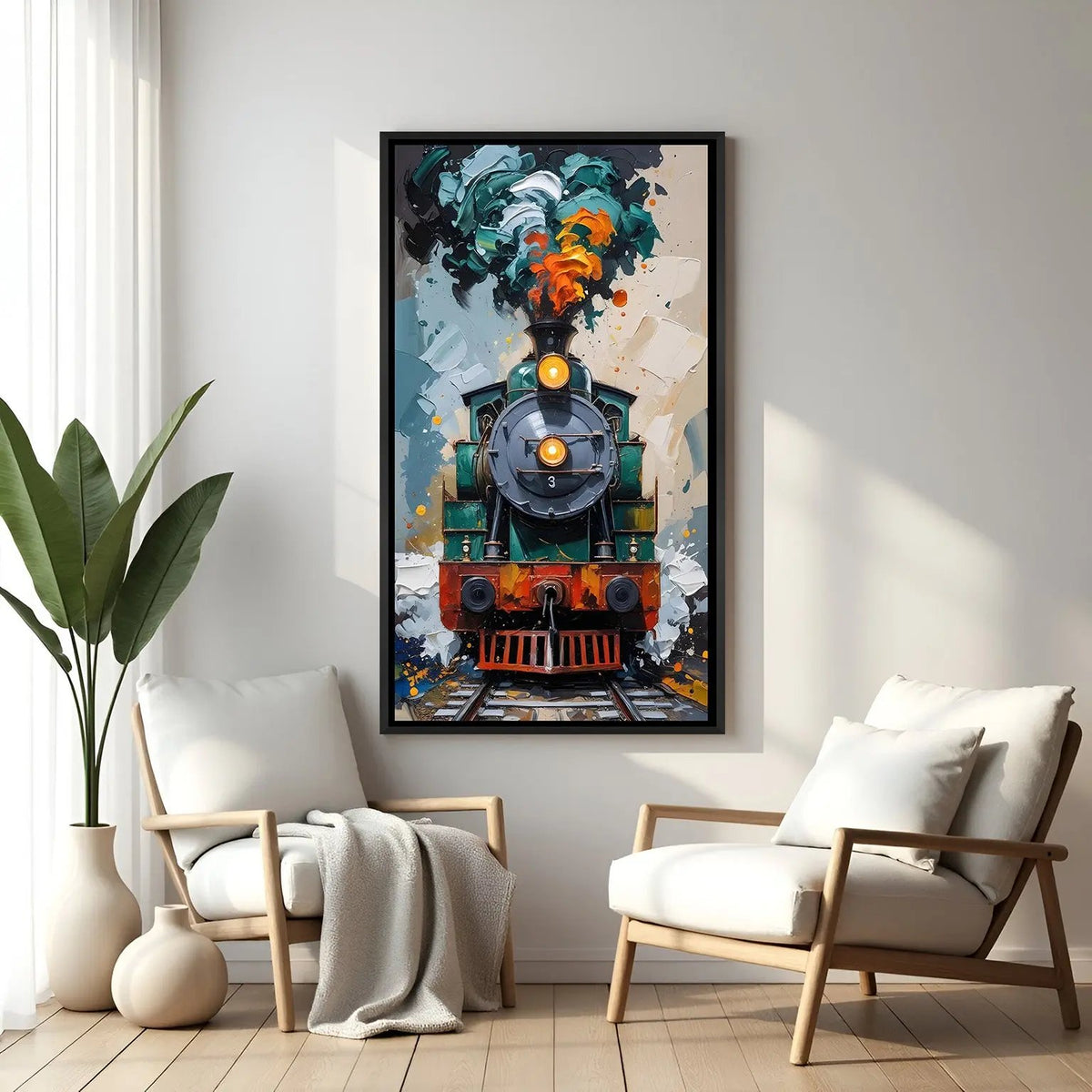 Modern train canvas painting in elegant black floater frame with contemporary artistic styling