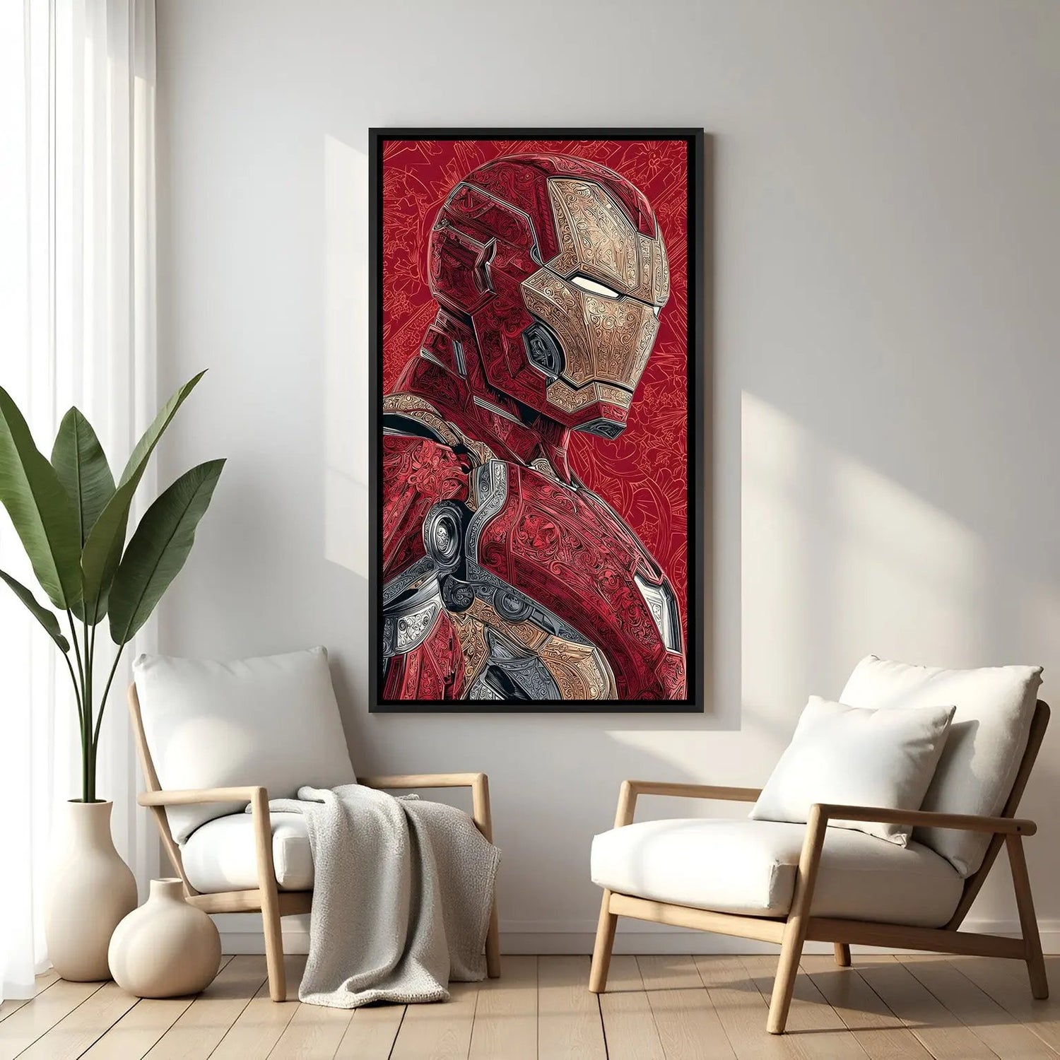Iron Man Arc Reactor Legacy wall painting in black floater frame with futuristic armored face artwork