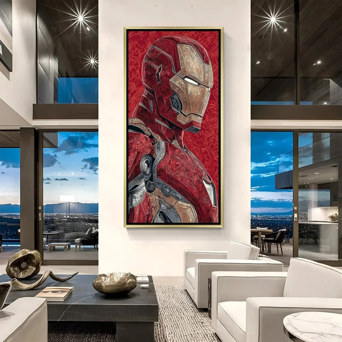 Iron Man Arc Reactor Legacy artwork in luxury golden floater frame featuring iconic superhero face design