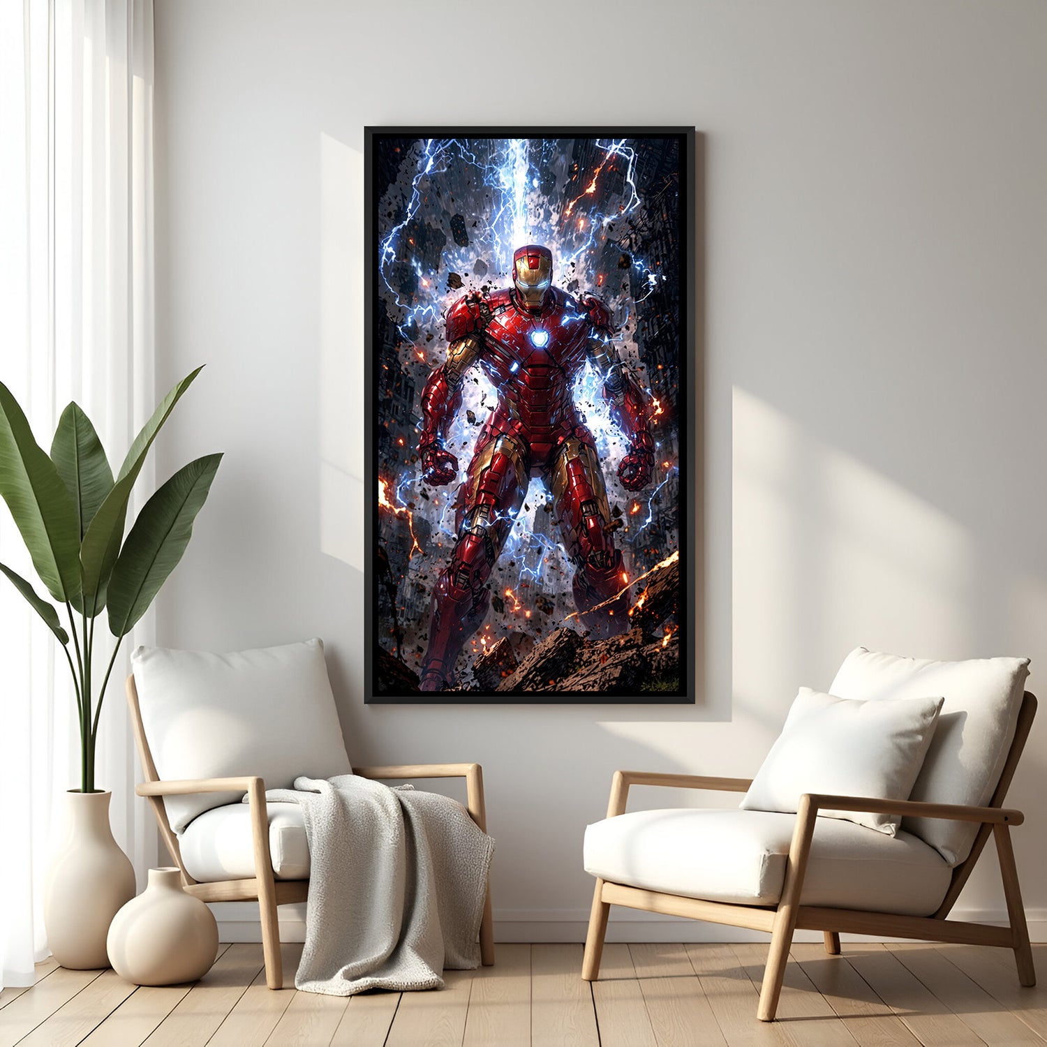 Iron Man canvas art displayed with black floater frame, giving a sleek modern superhero vibe