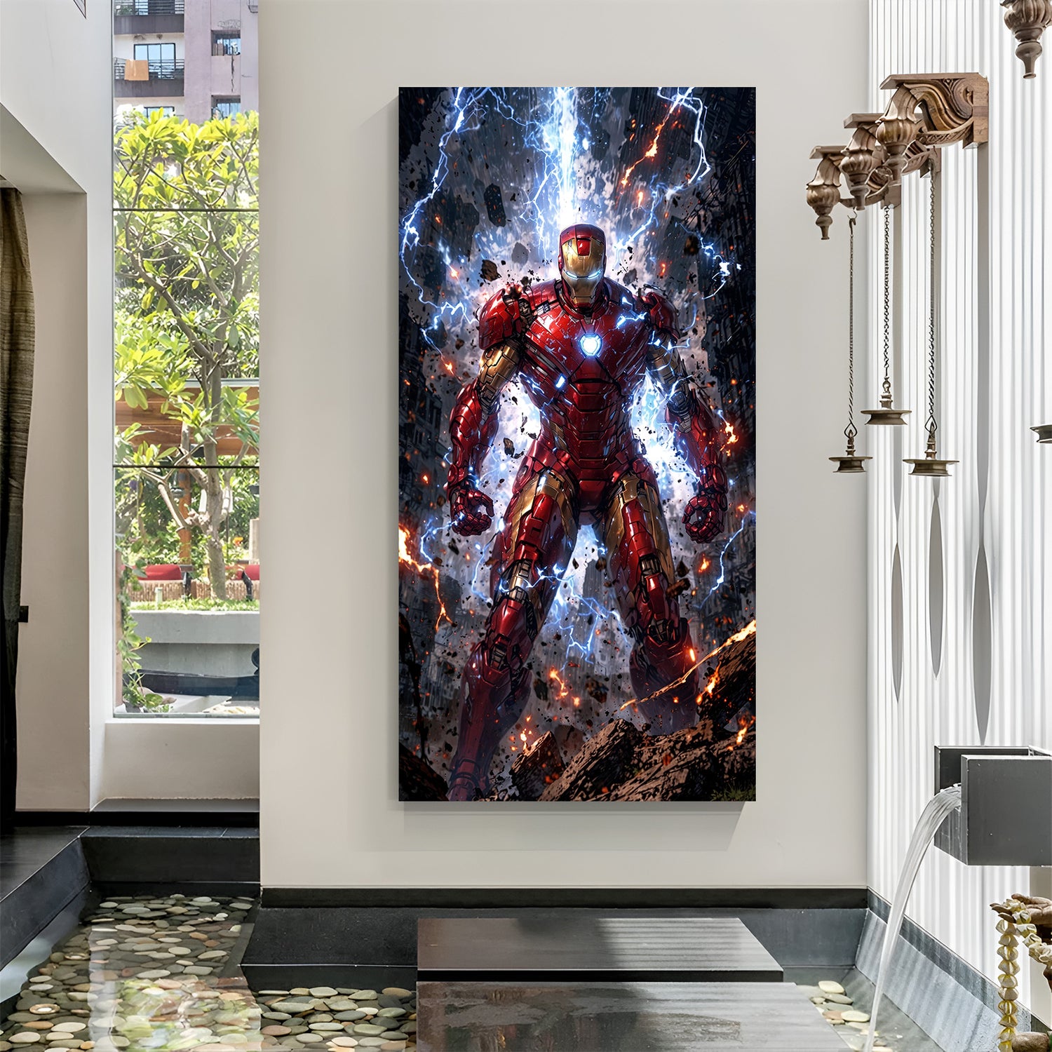 Iron Man in his final battle form with glowing arc reactor and high-energy background on canvas
