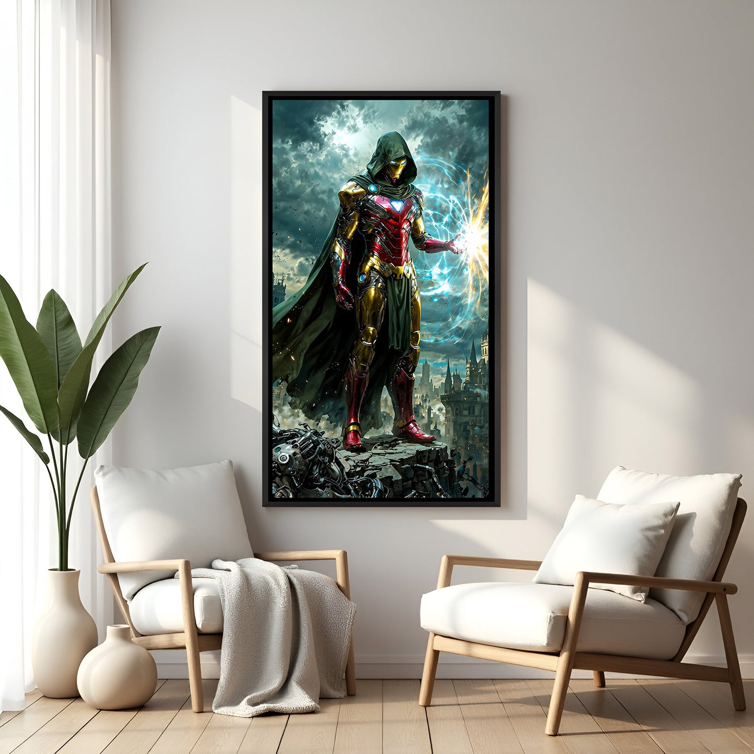 Iron Man with Dr. Doom’s cape – Marvel canvas wall art in sleek black floater frame for bold decor.