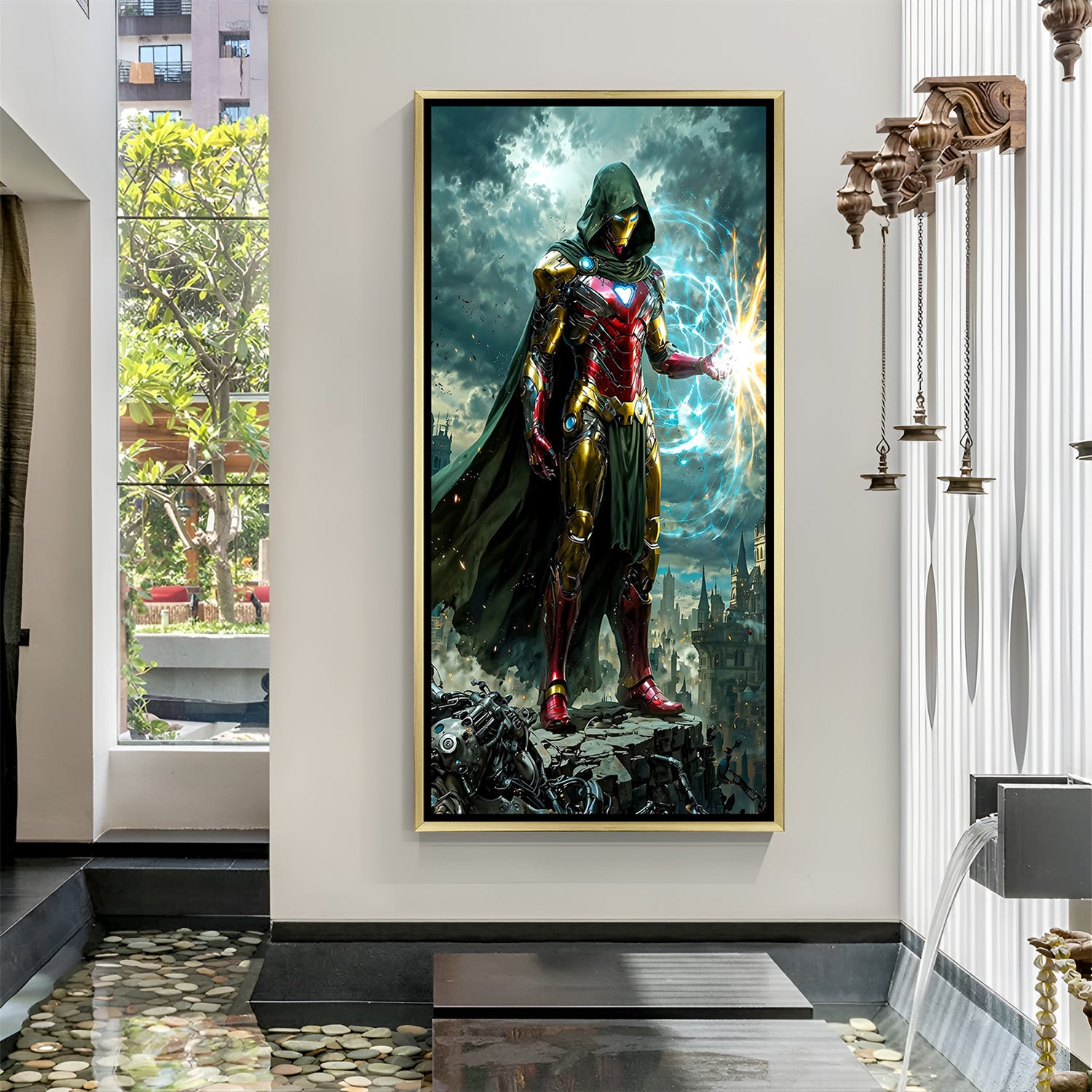 Iron Man and Dr. Doom cape fusion artwork – premium Marvel wall art in elegant golden floater frame.