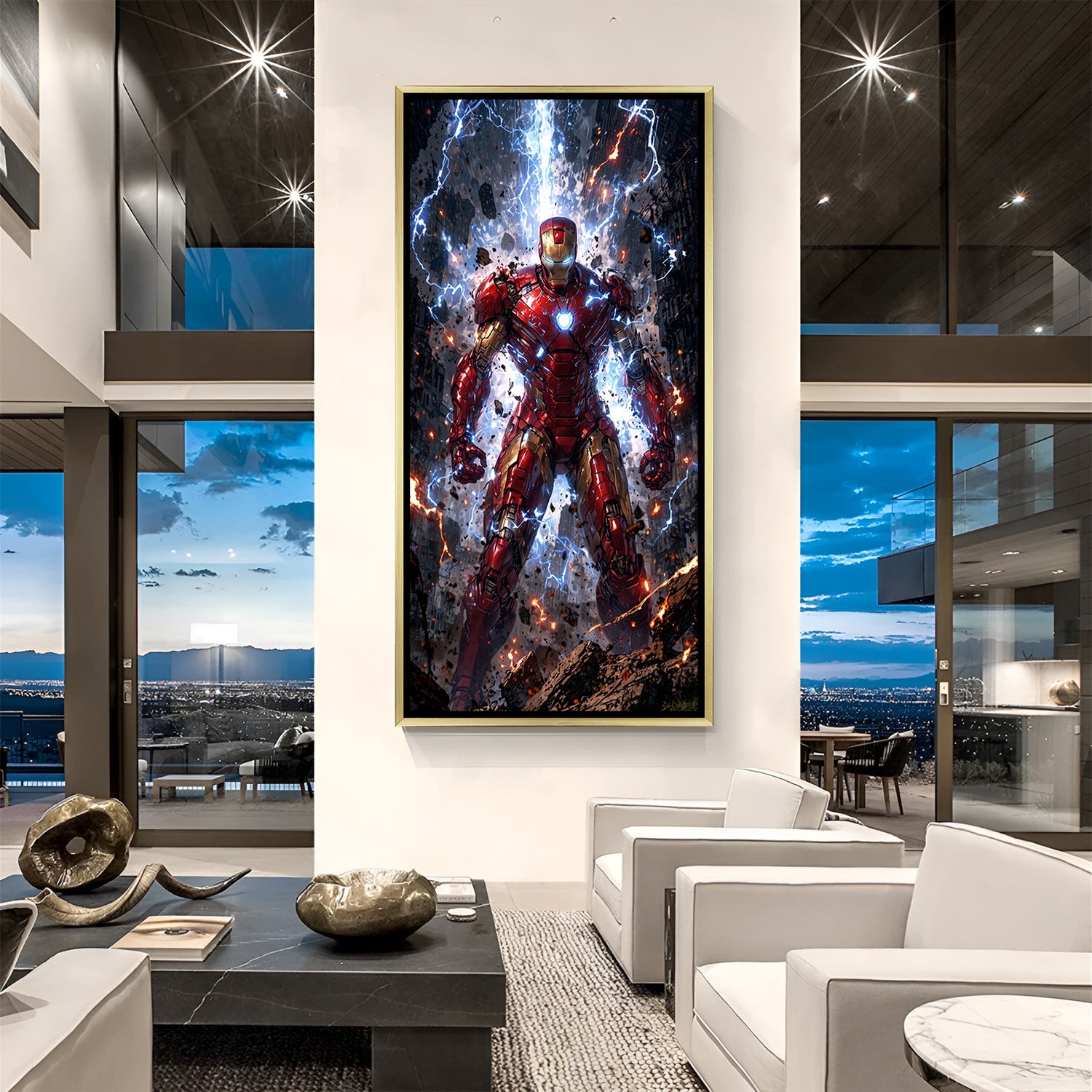 Iron Man wall art in a gold floater frame, offering a rich, bold decor touch for Marvel fans