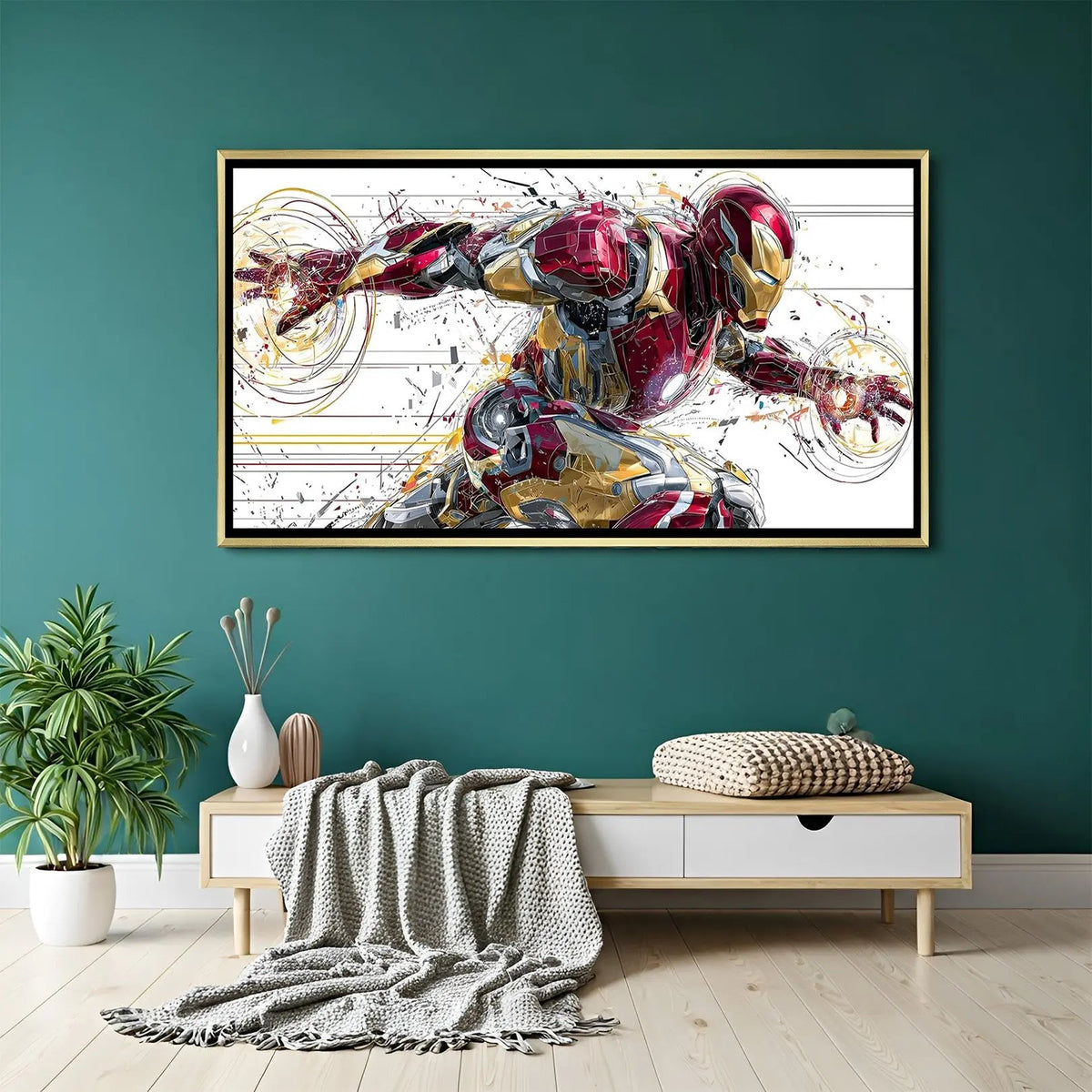 Iron Man Velocity Unleashed artwork in luxury golden floater frame featuring high-energy armored hero design