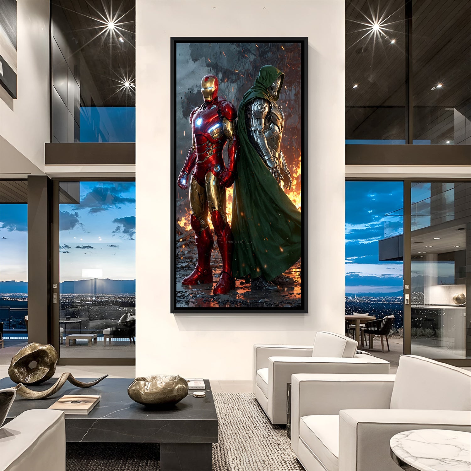 Powerful Marvel canvas painting of Iron Man fighting Dr. Doom – framed in black for a bold modern touch.