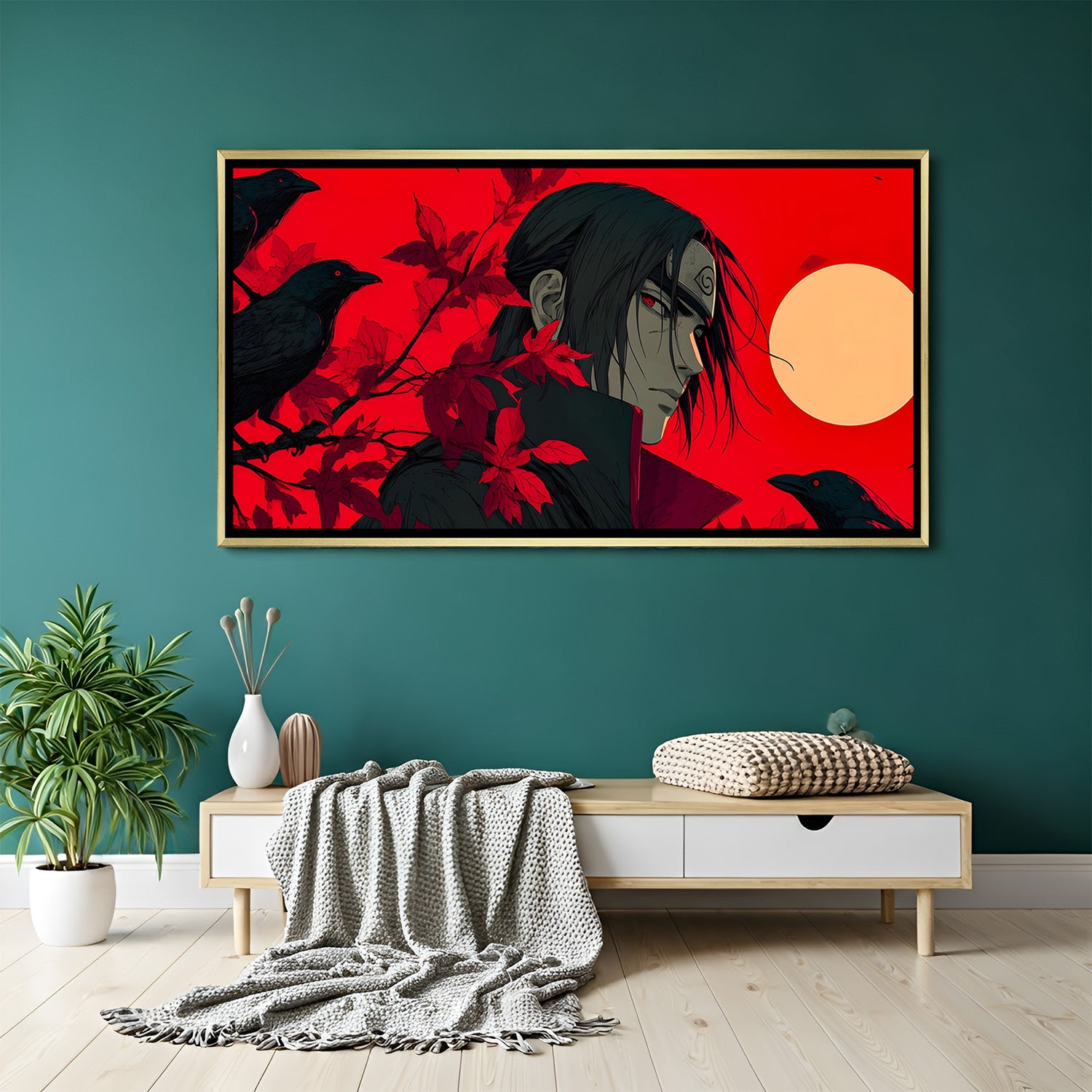 Itachi Uchiha Naruto wall art in luxury golden floater frame with crow anime design