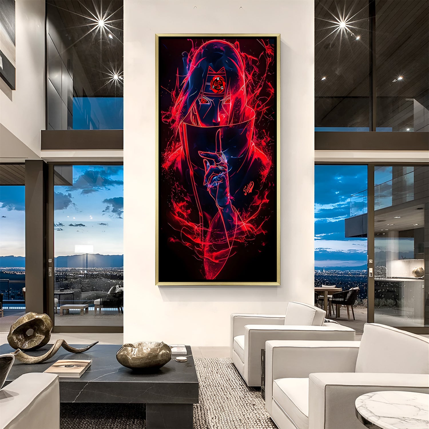 Itachi Uchiha Naruto wall art in luxury golden floater frame with red aura anime design