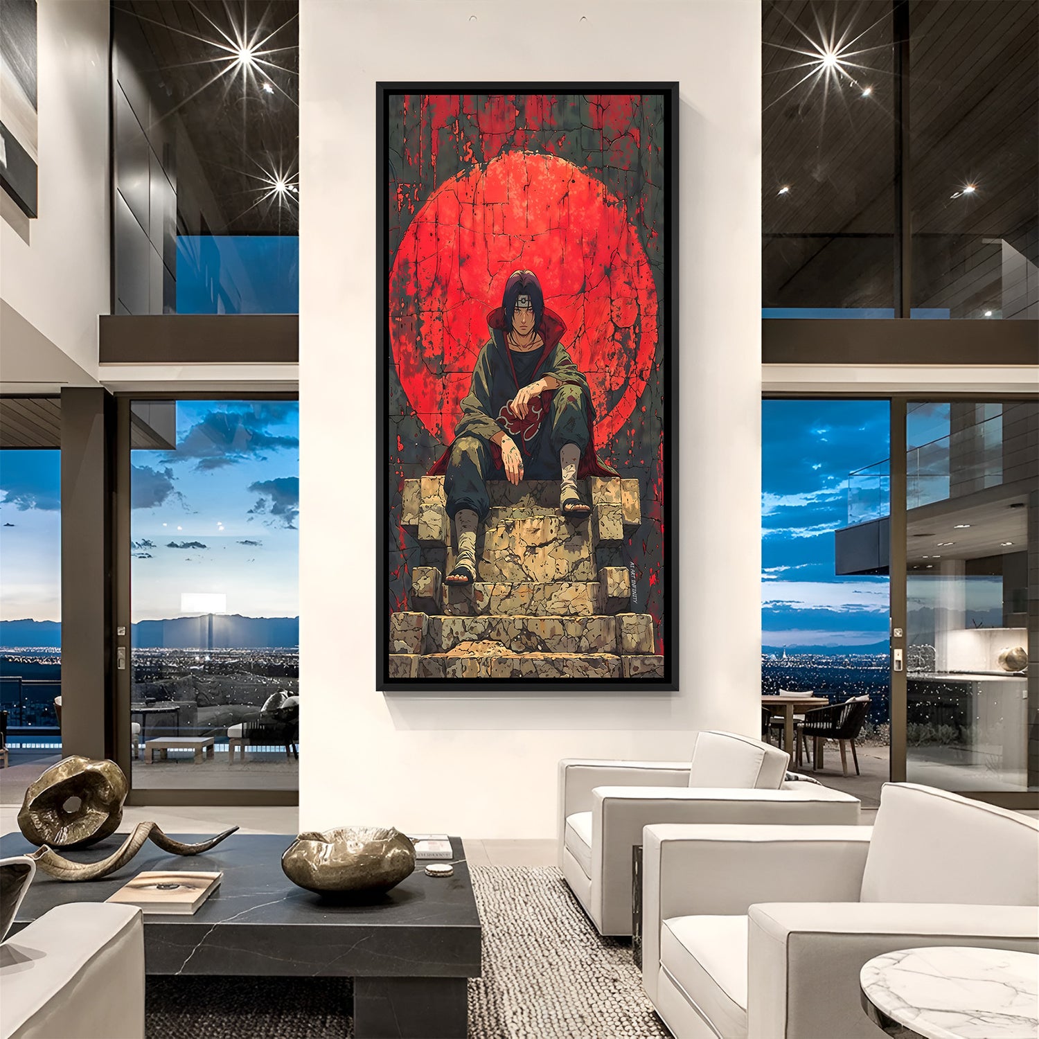 Itachi Uchiha Red Moon anime canvas artwork in premium black floater frame