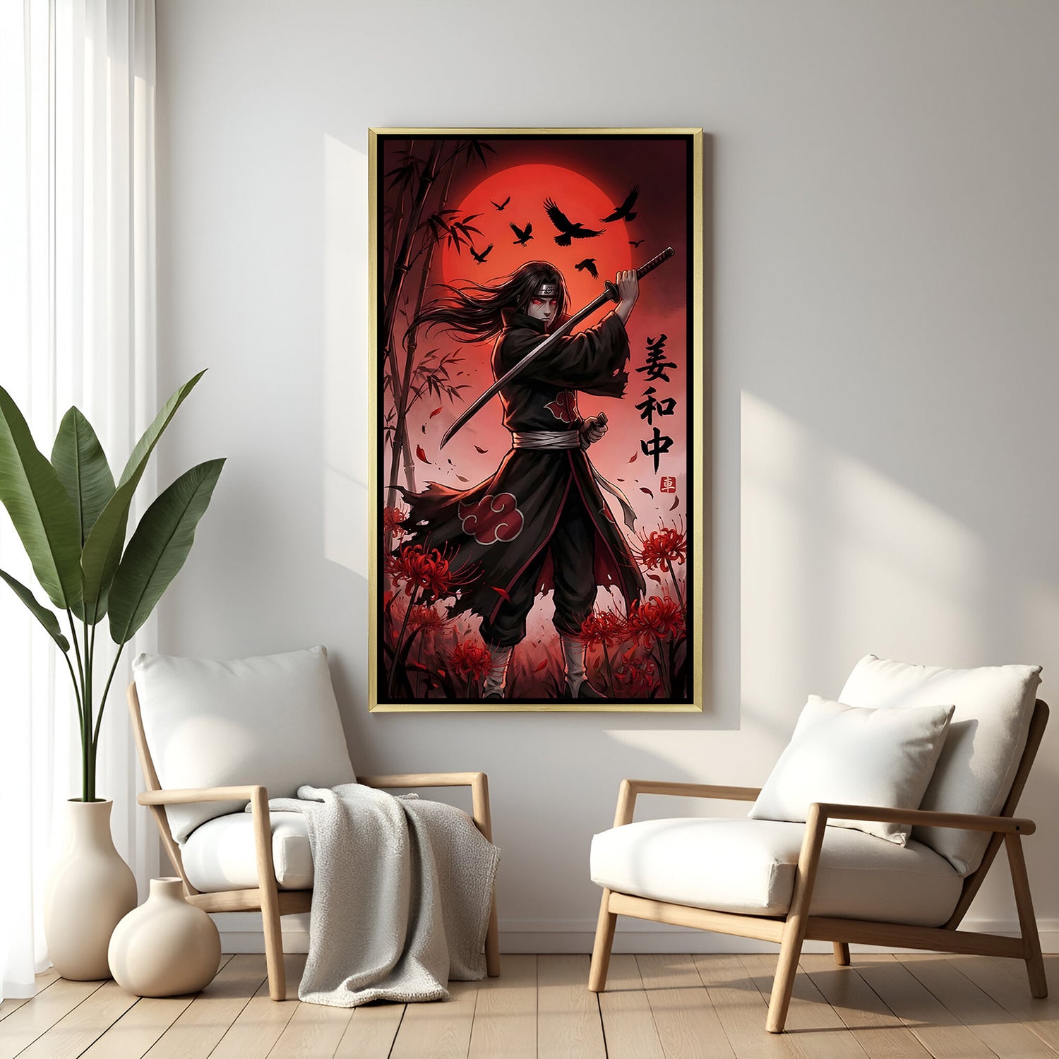 Itachi Uchiha Naruto wall art in luxury golden floater frame with sword and crow anime design