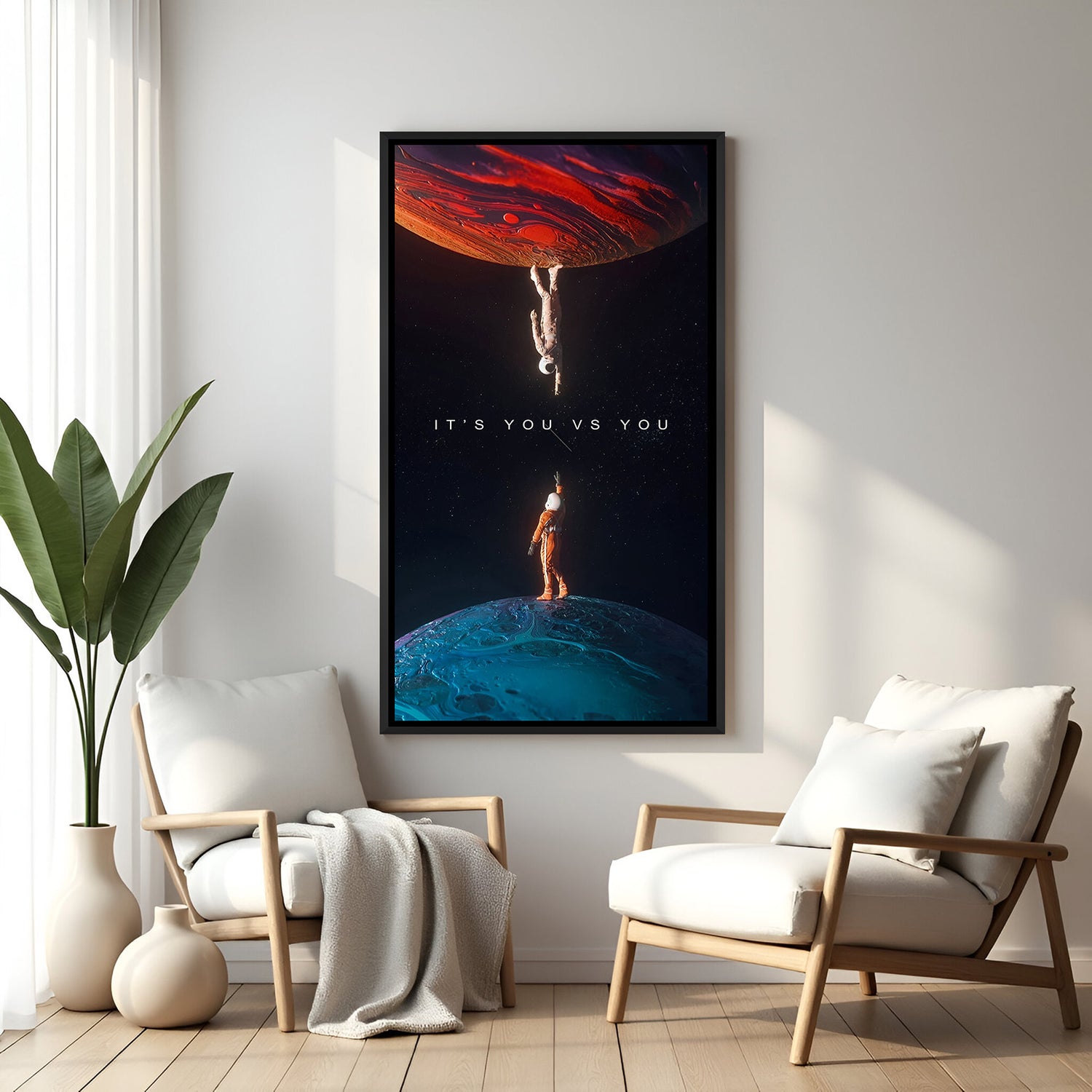 Modern astronaut motivational canvas in black frame – dual astronauts with “It’s You vs You” quote