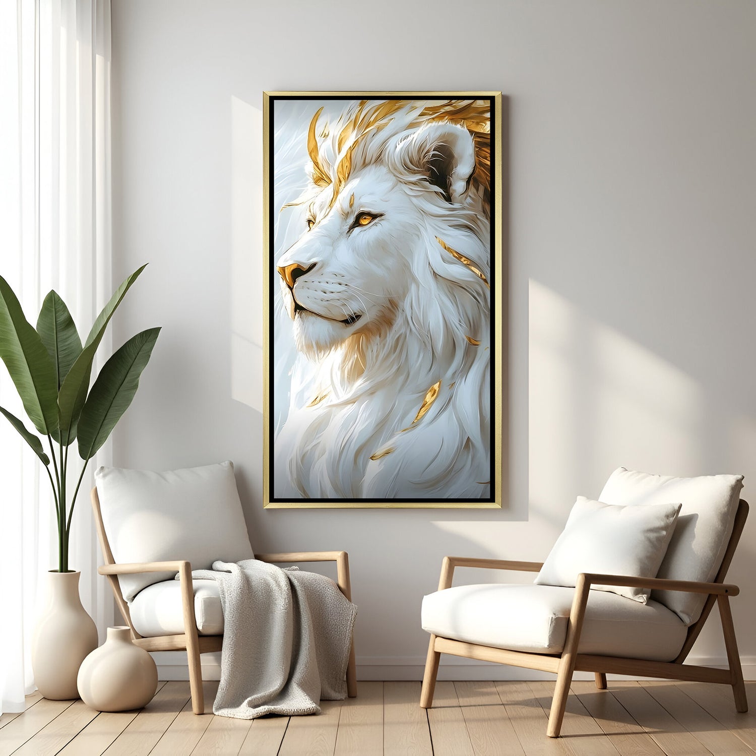 Luxury white lion portrait wall art in gold floater frame with subtle metallic highlights and regal expression.