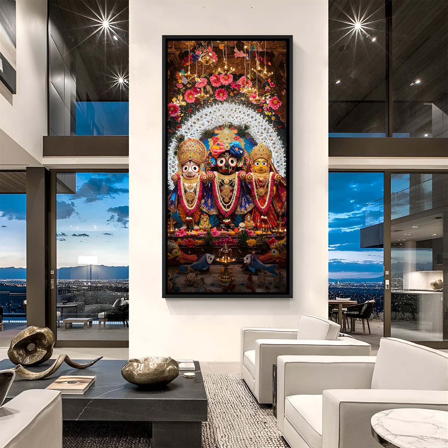 Jagannath Balabhadra Subhadra temple celebration artwork in black floater frame for modern mandir decor.