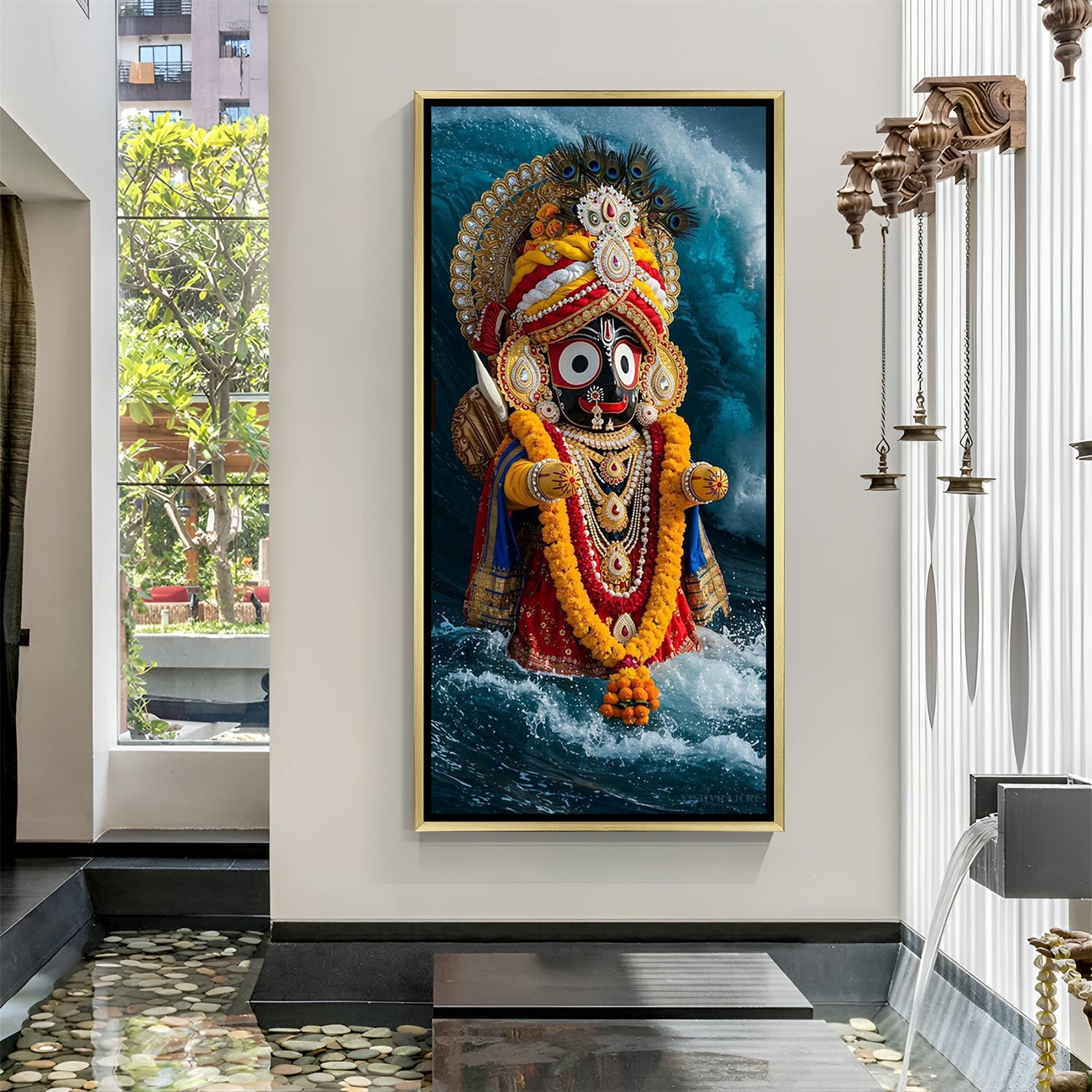 premium golden framed jagannath ji canvas artwork representing spiritual protection devotion and positivity for home