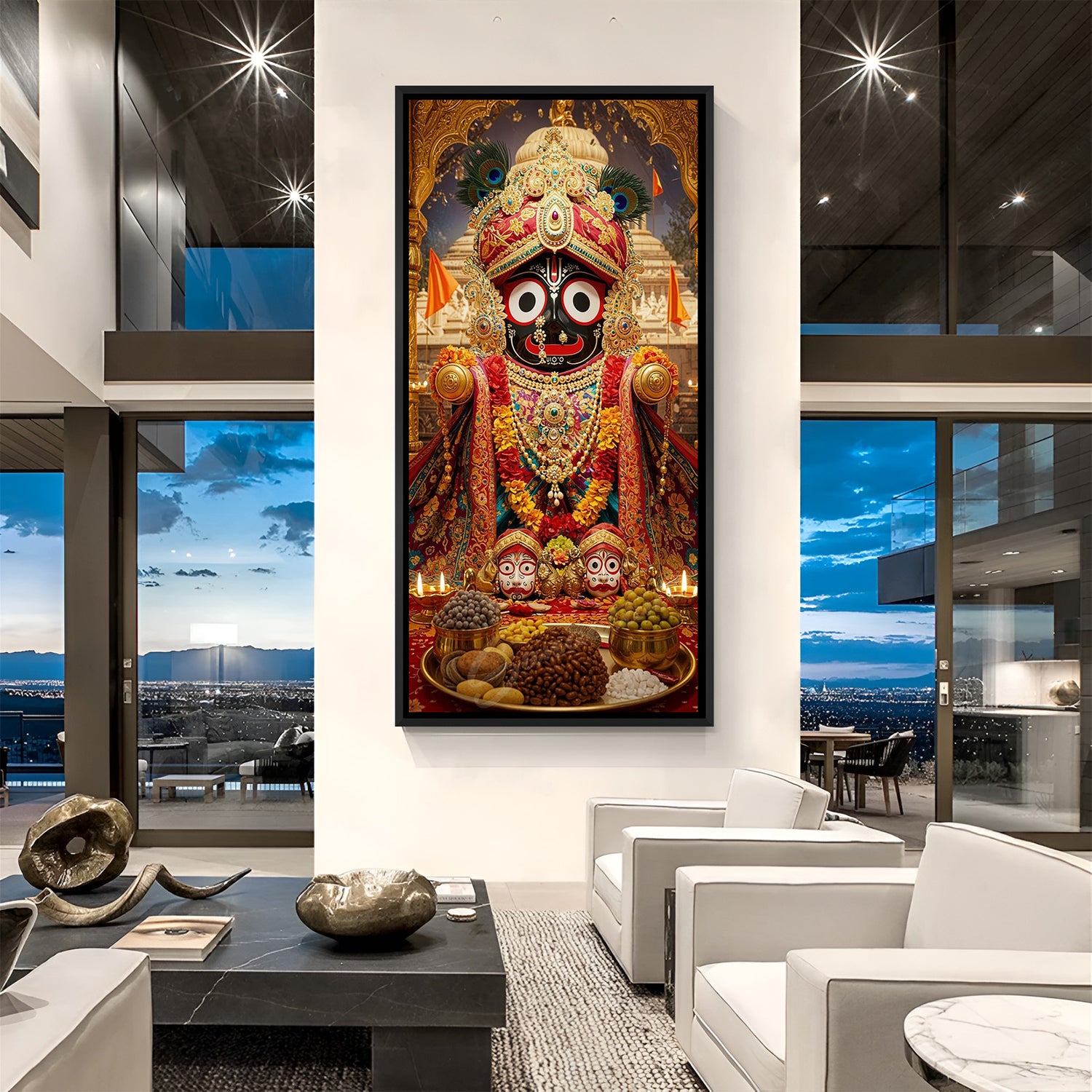 elegant jagannath ji canvas art in black floater frame radiating peaceful devotional atmosphere for living room and meditation space