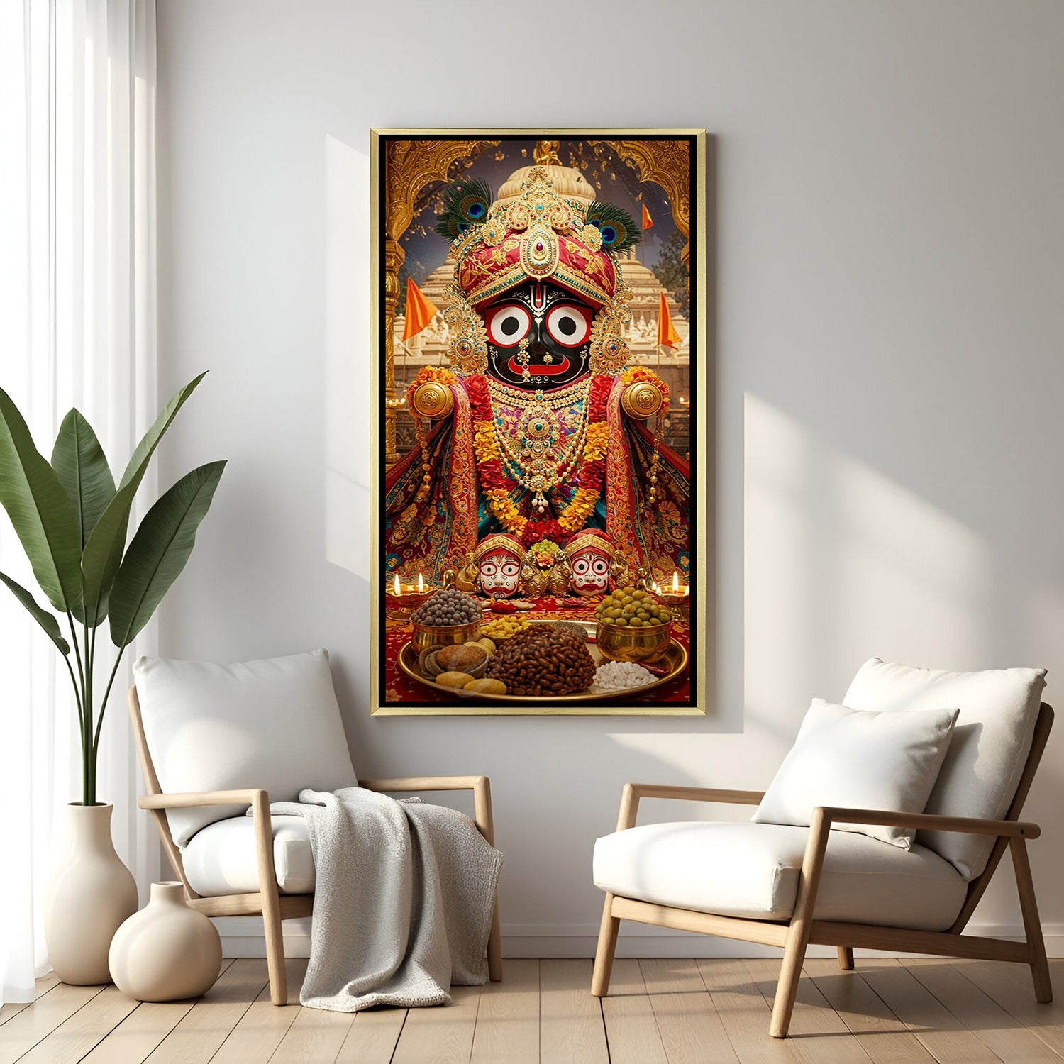richly designed jagannath ji canvas with golden frame symbolizing auspicious energy protection and divine grace for home temple decor
