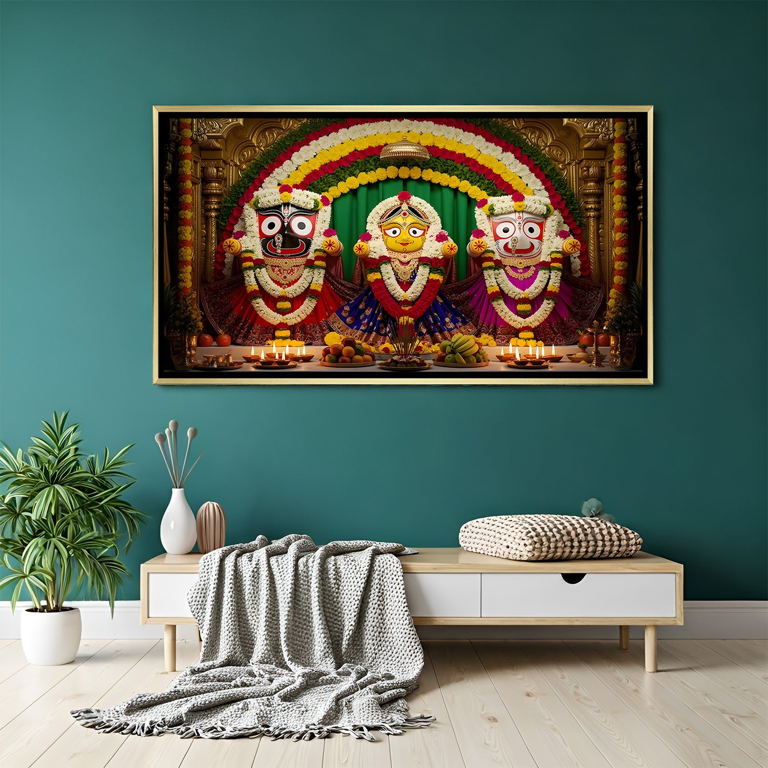 Devotional Jagannath altar wall decor in golden floater frame for spiritual home interior.