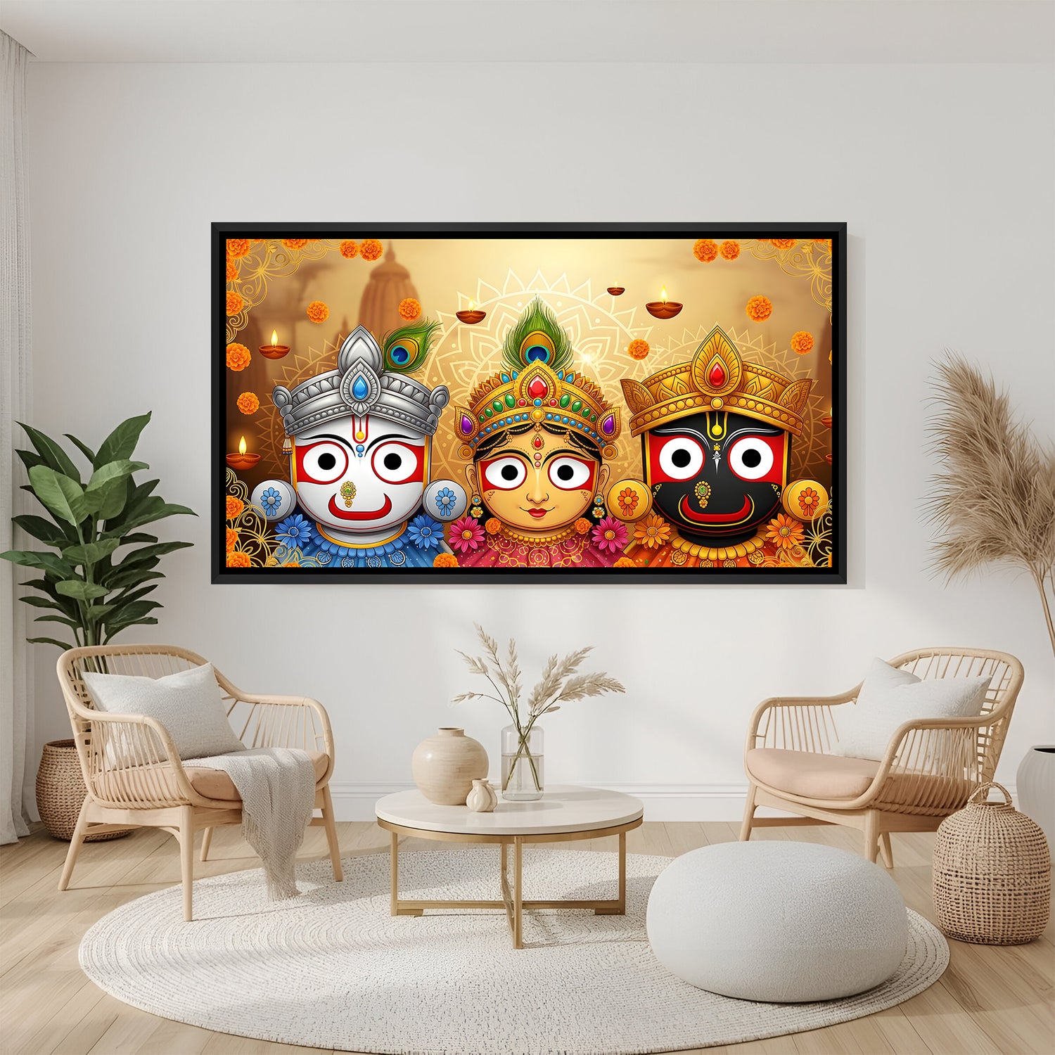 Colorful Jagannath trinity artwork in black floater frame for modern home interior.