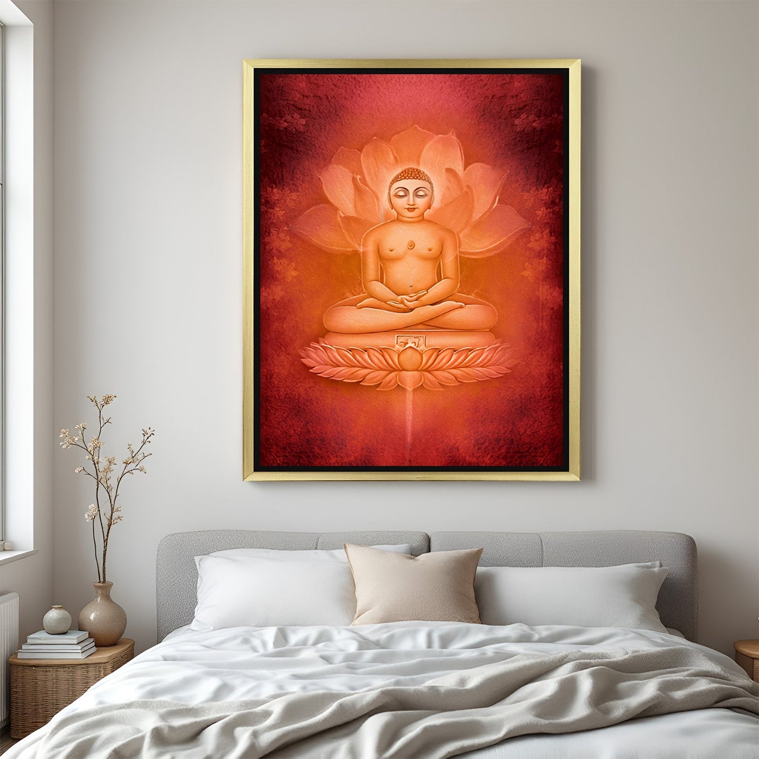 golden frame jain vastu canvas painting of lord mahaveer for meditation area or home decor to bring spiritual calmness and sacred energy