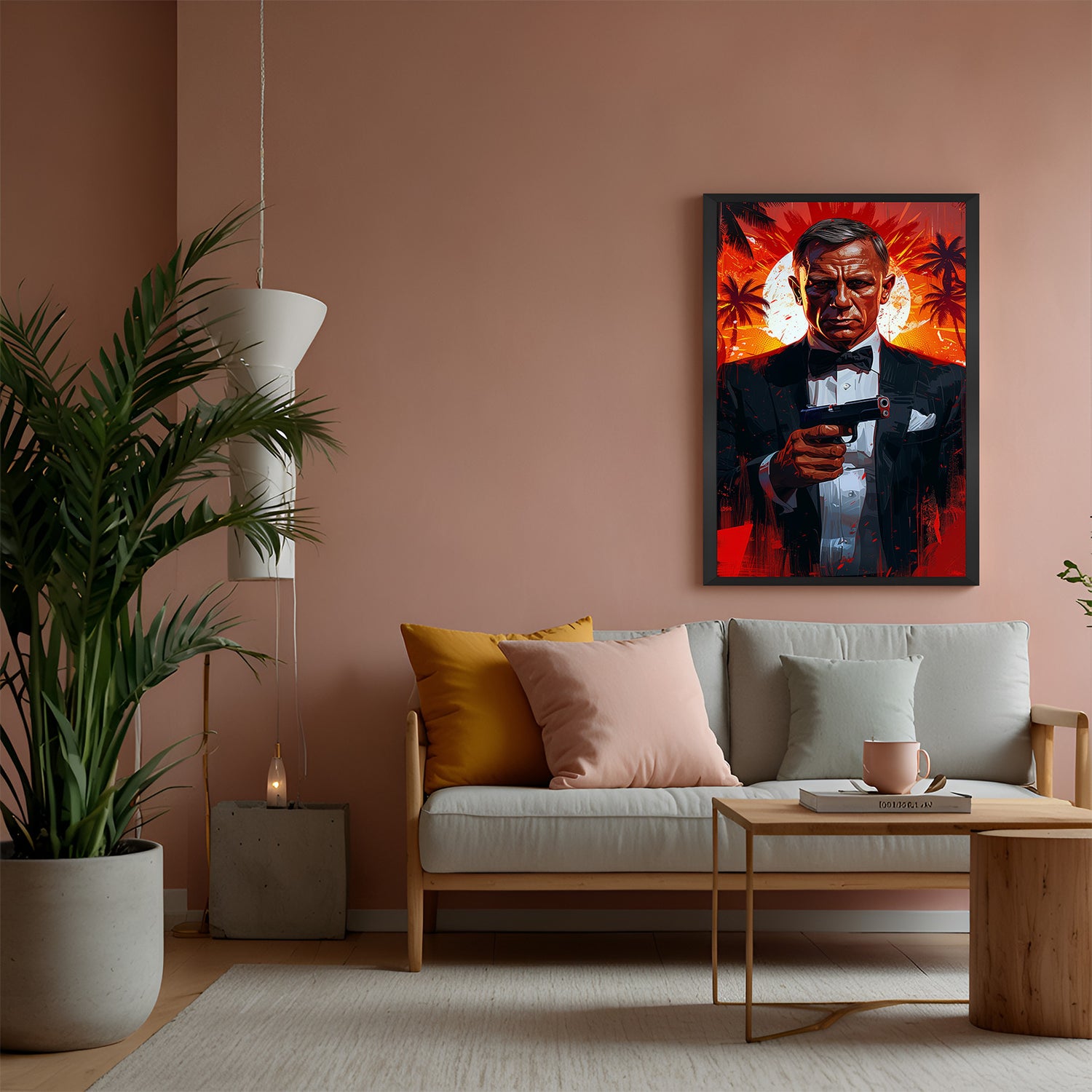 Canvas art of James Bond with gun, framed in black floater style, perfect for action movie lovers and spy-themed modern interiors