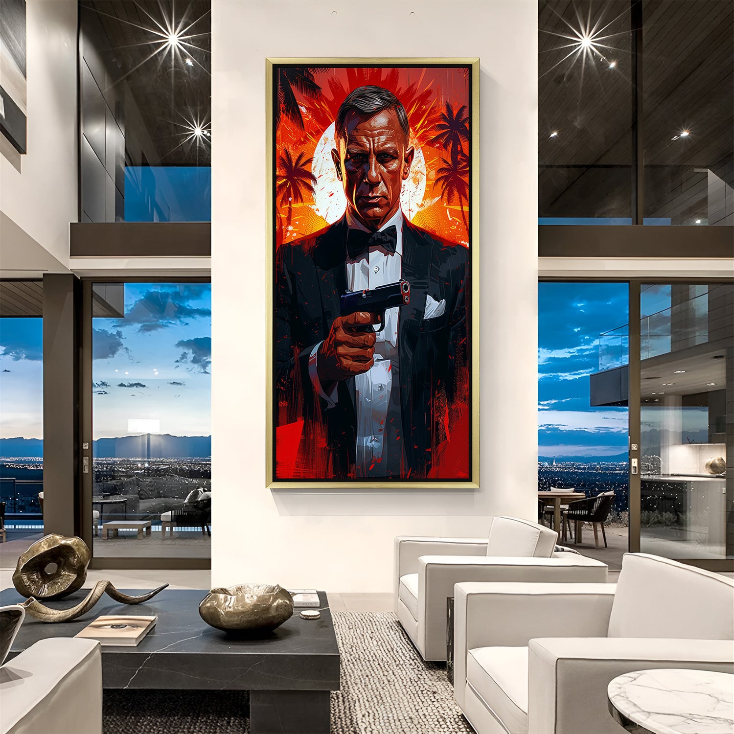 Golden framed canvas featuring James Bond with gun in striking modern art, ideal for creating stylish masculine statement wall decor