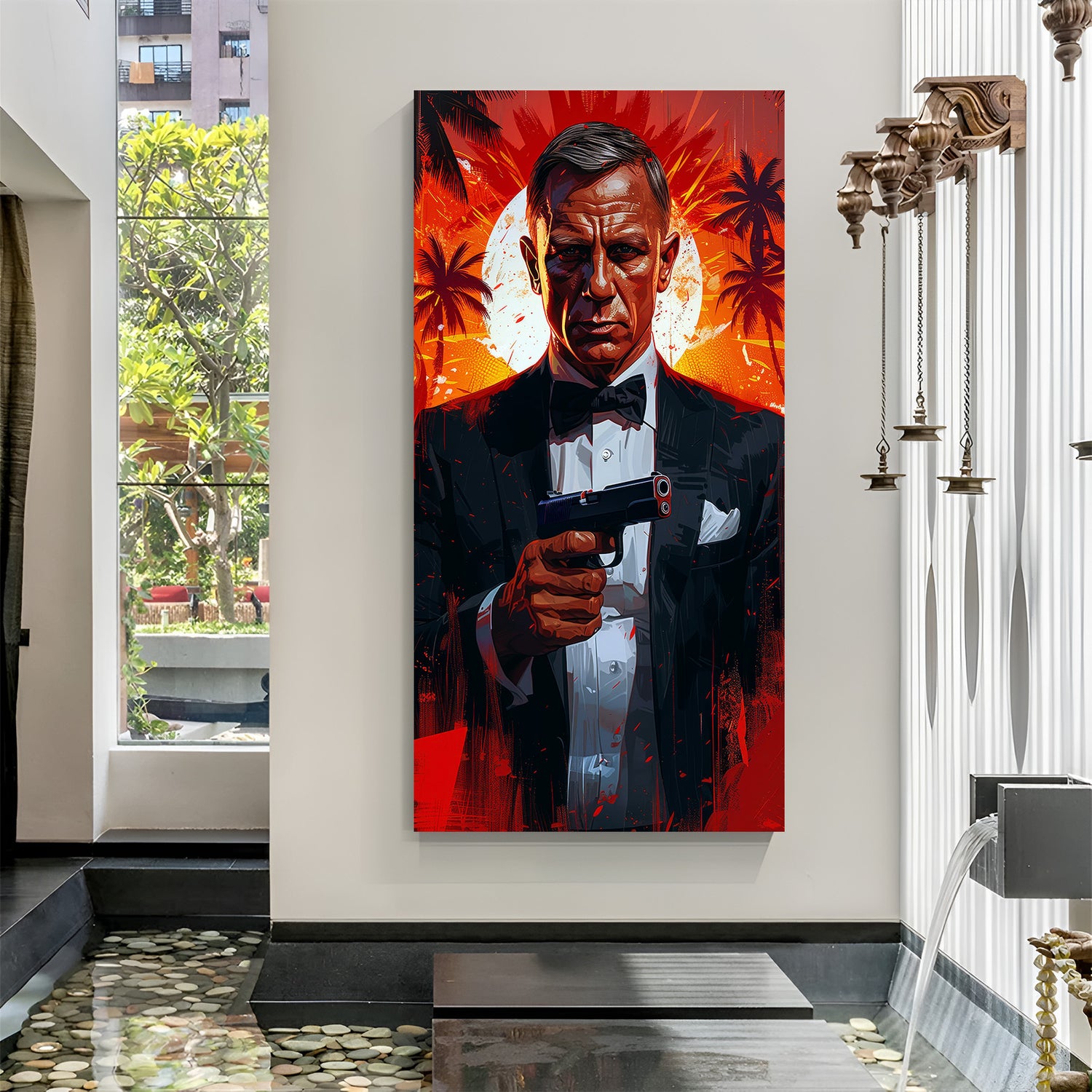 James Bond holding a gun in sharp modern art style, printed on high-quality canvas for bold cinematic and masculine wall decor