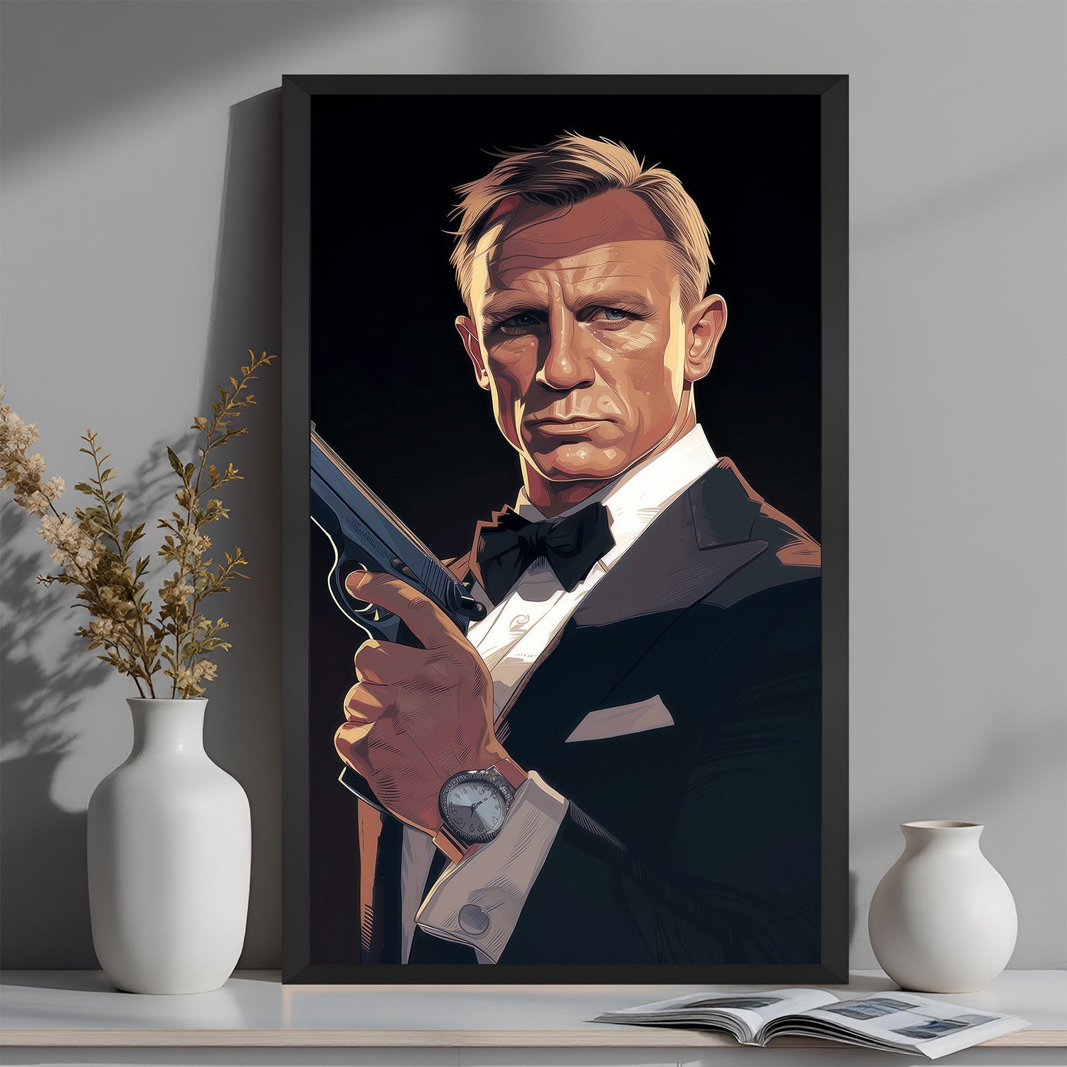 Modern canvas wall art of James Bond in black floater frame, showcasing spy-themed design with sharp contrasts and elegant aesthetic