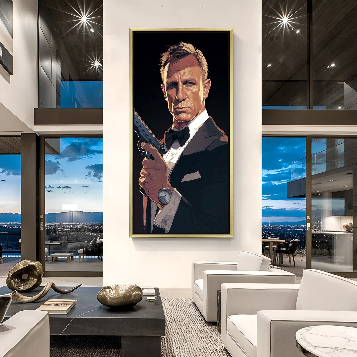 Golden framed James Bond modern art canvas featuring iconic spy look, perfect for adding cinematic charm to home and office interiors