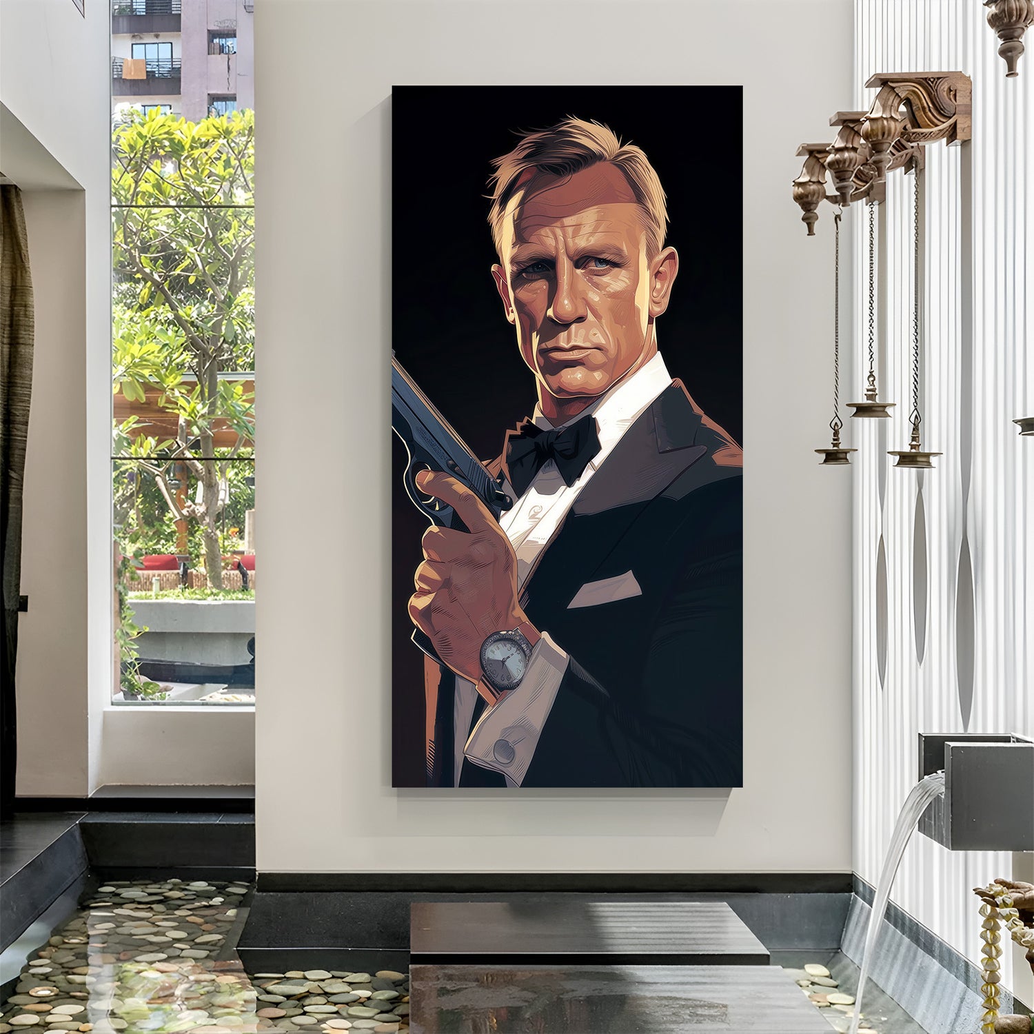 James Bond inspired modern art with sharp detailing and cinematic tones, printed on canvas for stylish interior wall decor