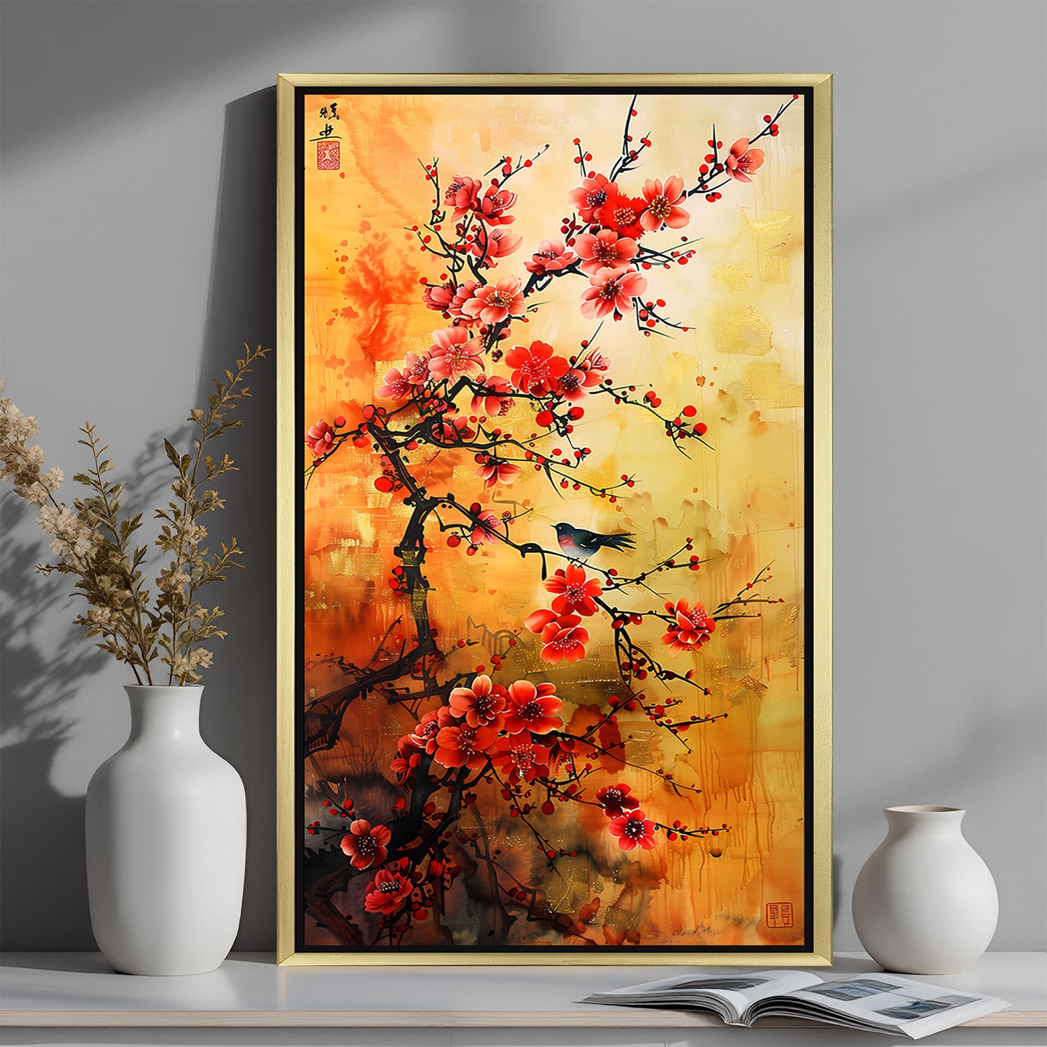 Golden-framed canvas painting of orange Japanese blossoms for calm, nature-themed decor