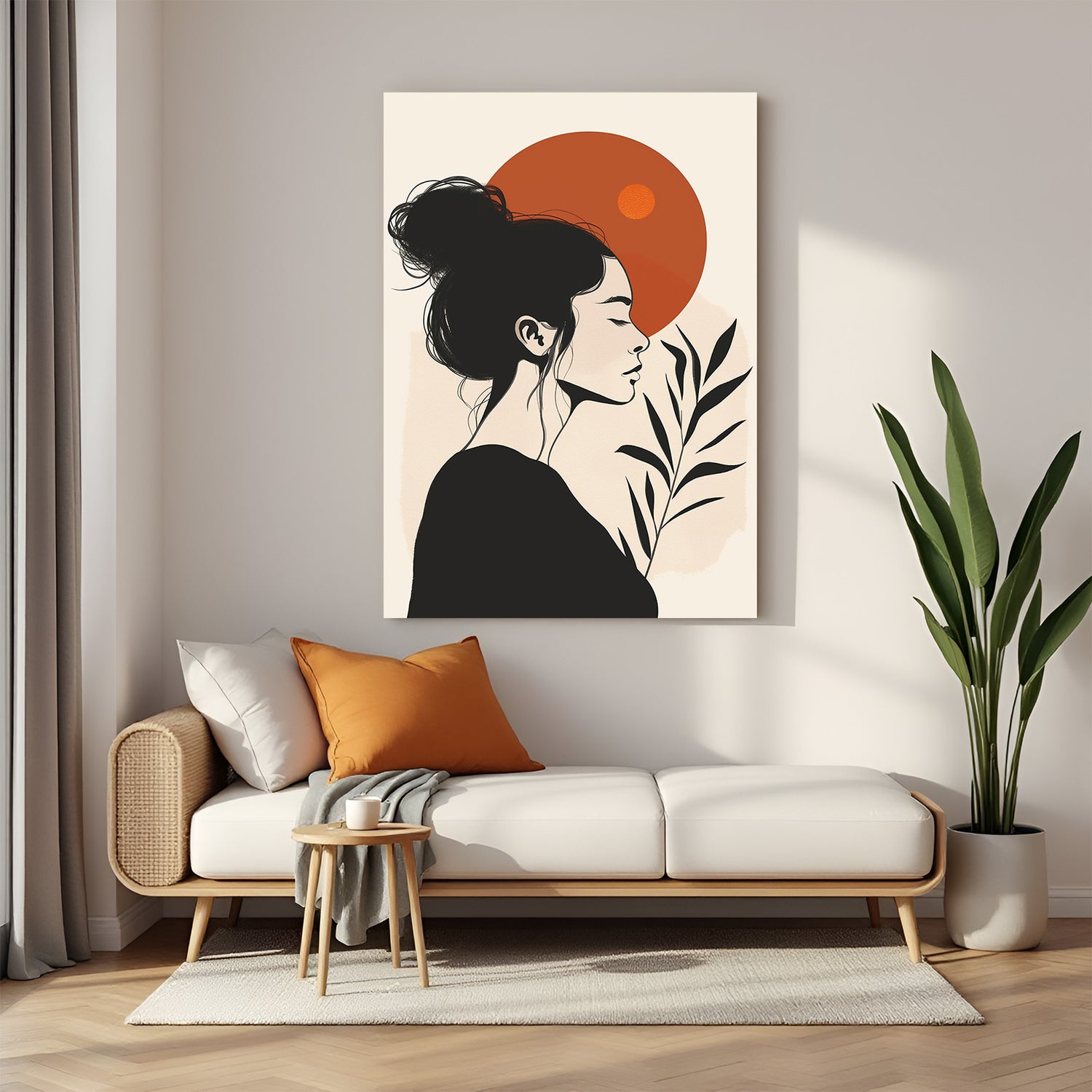 Canvas wall art showing side view of a girl in monochrome with red circle in Japanese boho style
