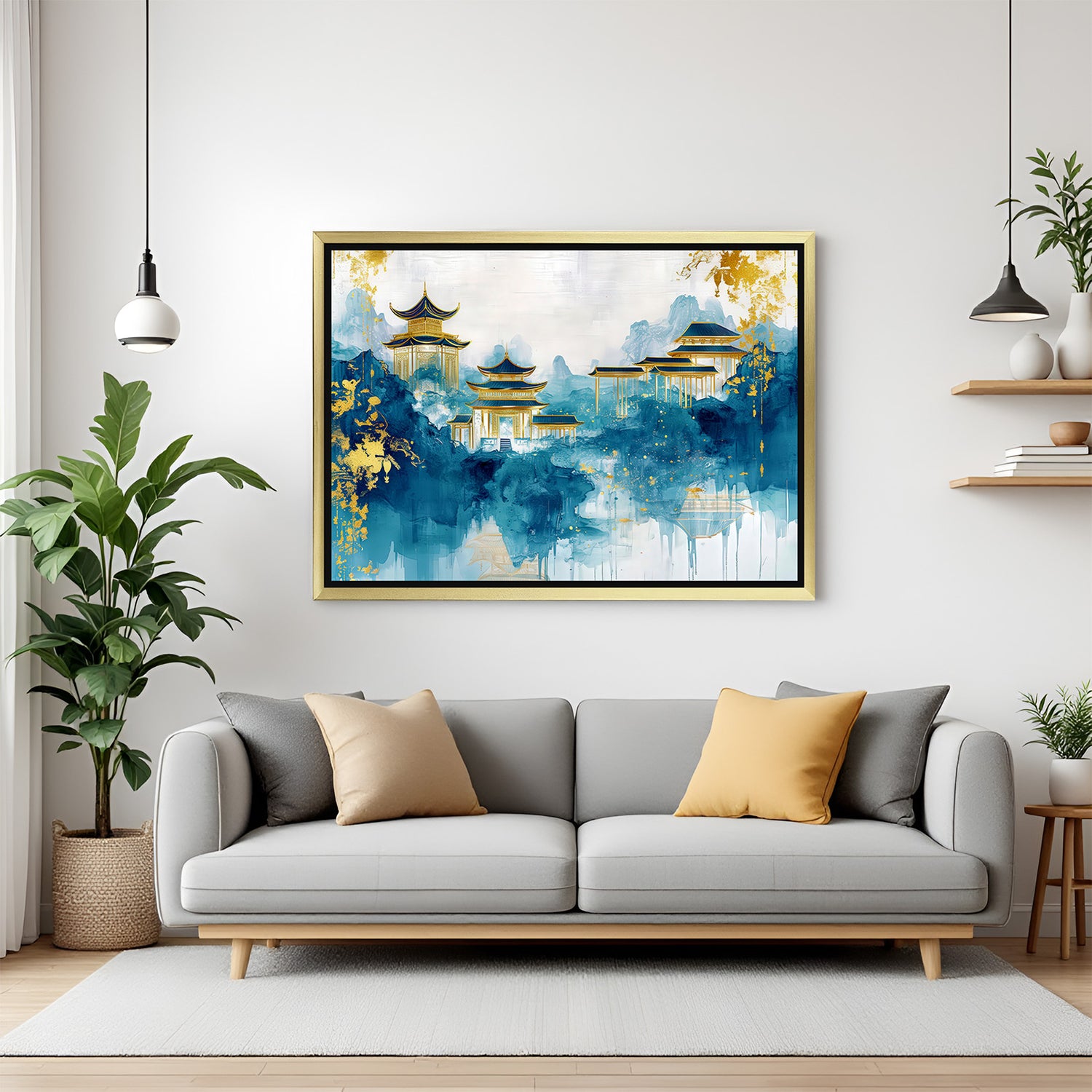 Golden frame Japanese castle canvas – artistic abstract wall art featuring ancient architecture in painted golden and blue tones