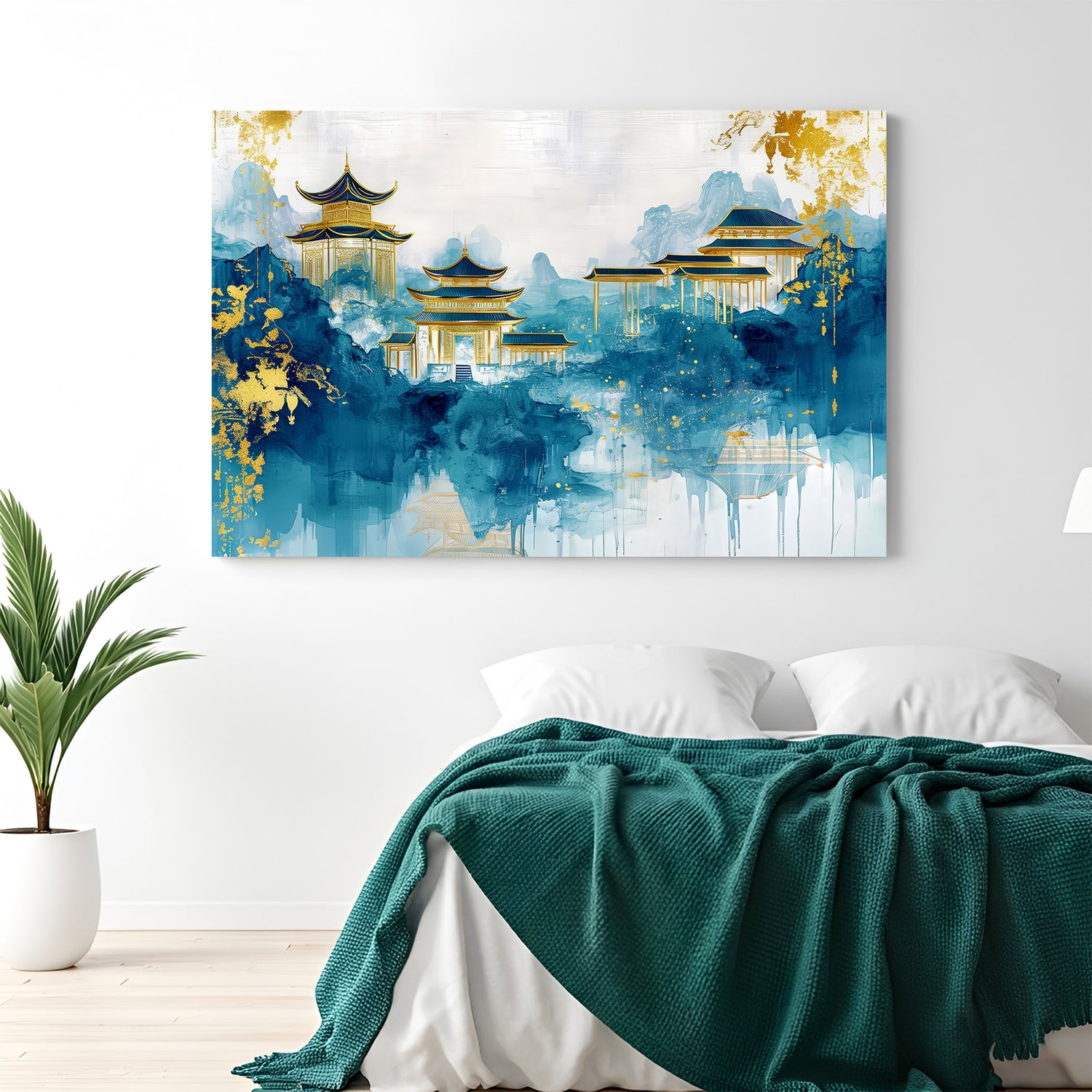 Ancient Japanese castle abstract wall art – expressive canvas with blue and golden brushstrokes depicting traditional architecture in painted style