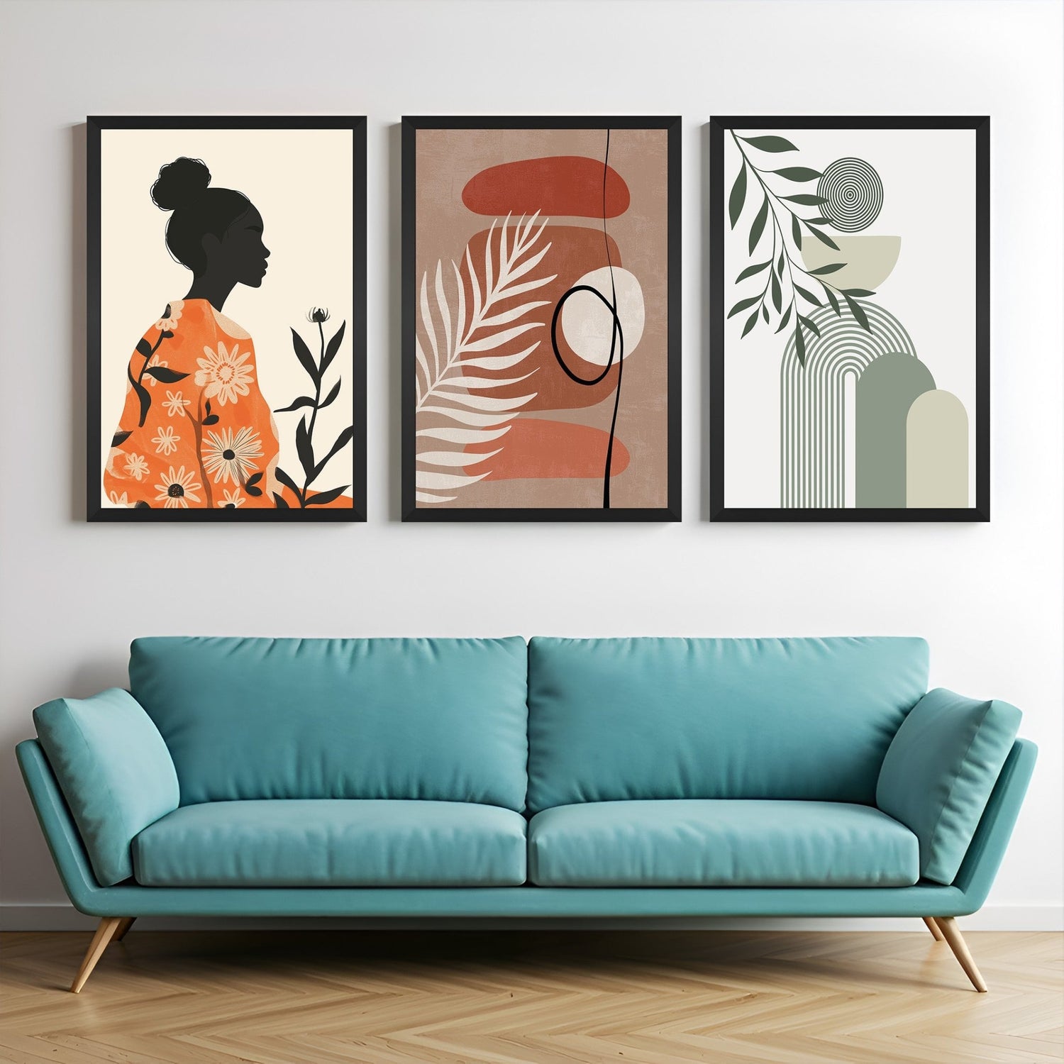 Set of 3 bohemian canvas prints featuring Japanese-style girl, earthy minimal artwork, and green abstract design – calm and stylish home decor
