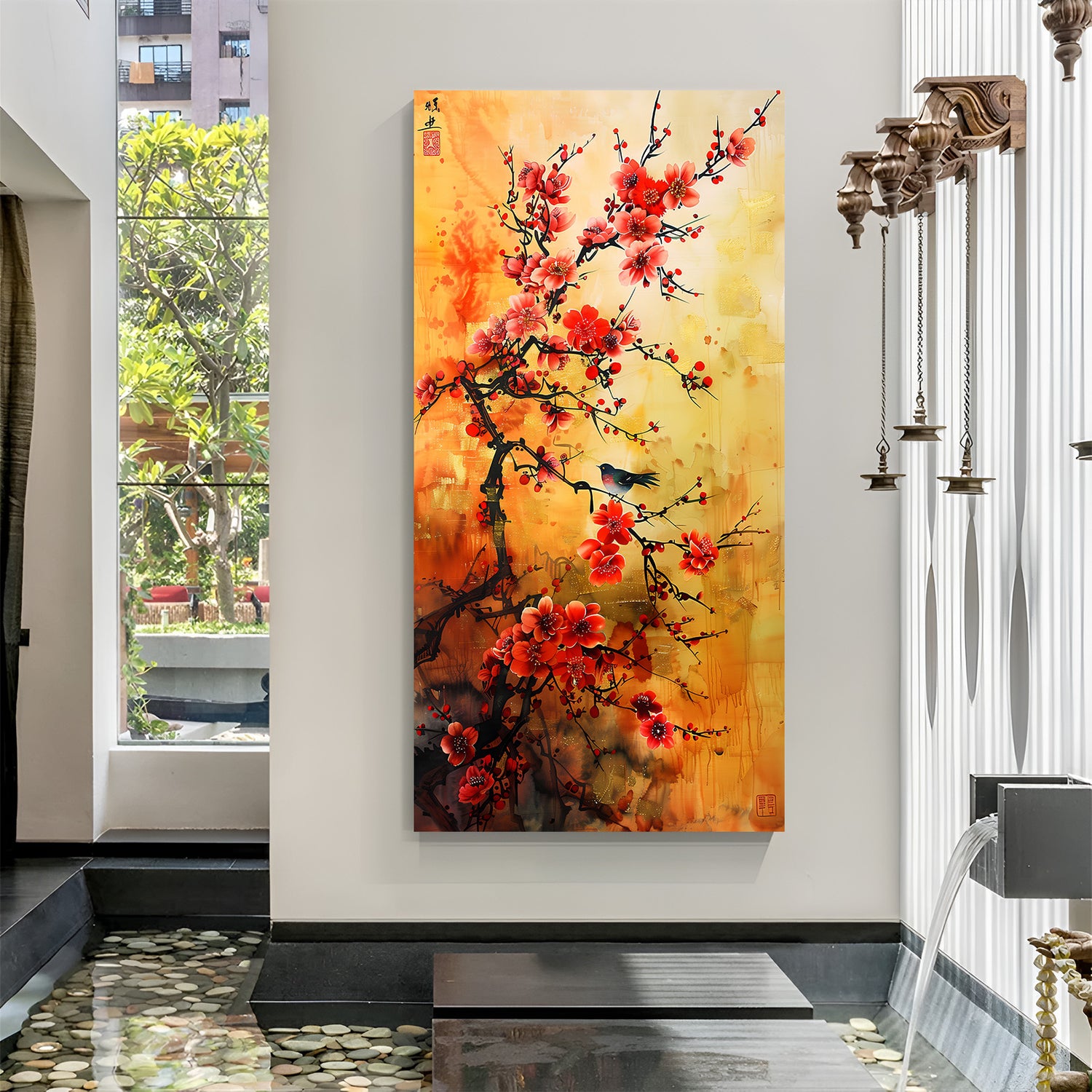 Canvas wall art of orange Japanese blossom flowers on branches, perfect for serene interiors