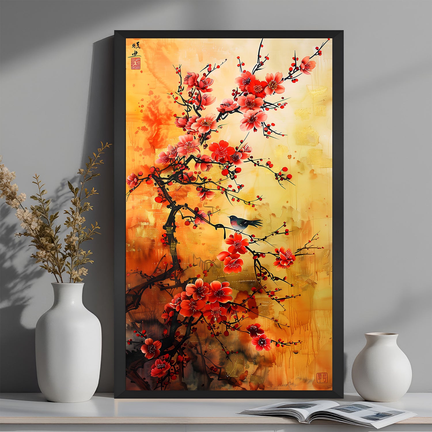Black-framed wall art featuring orange blossom branch in a soft Japanese brush style