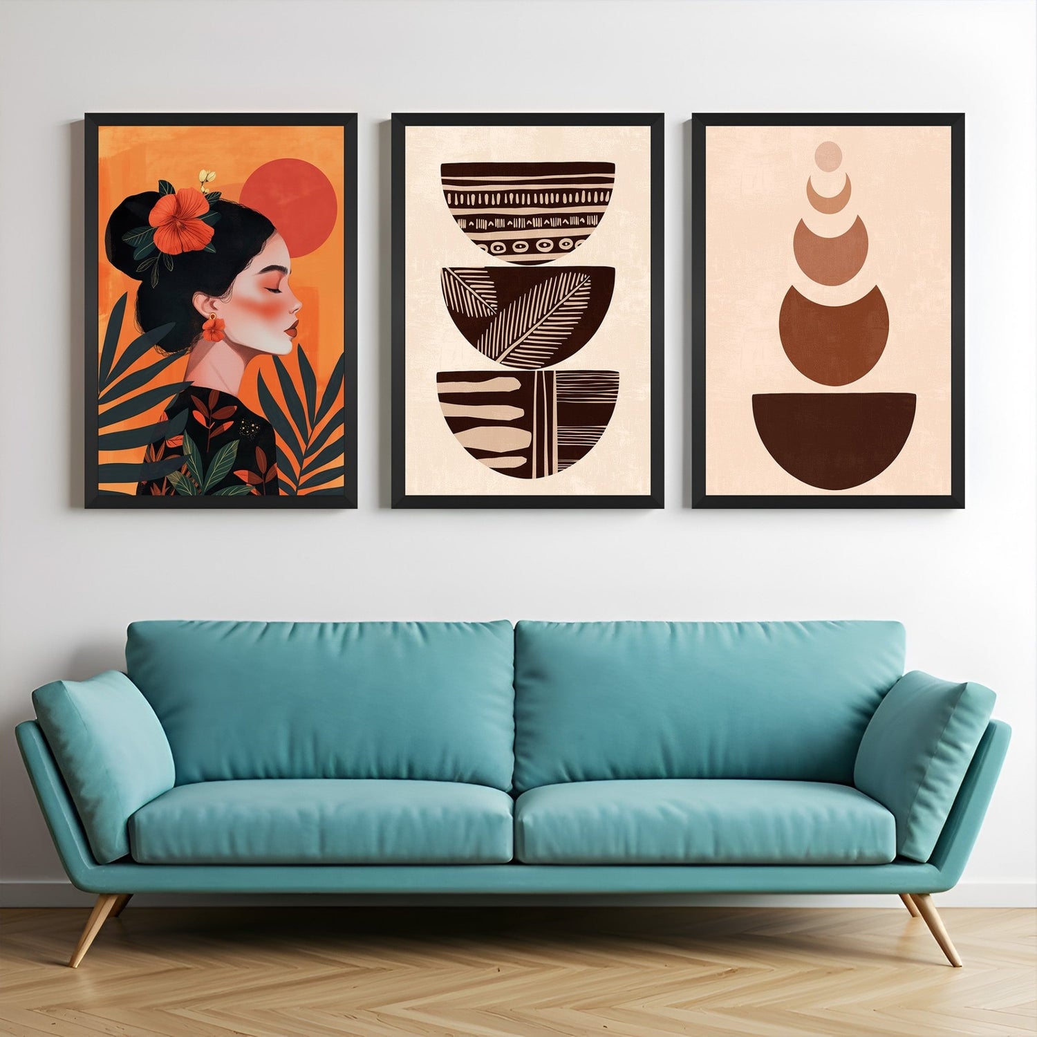 Set of 3 boho canvas prints with Japanese girl silhouette, three artistic bowls, and minimalist earth-tone design – perfect for peaceful interiors