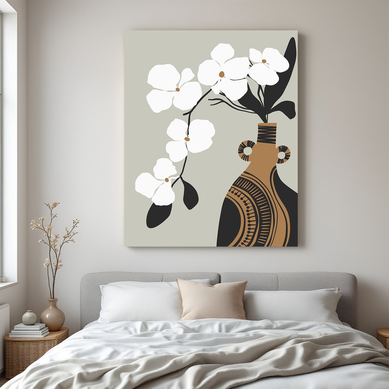 Boho canvas wall art featuring a Japanese-style vase with white flowers in a minimal earthy design