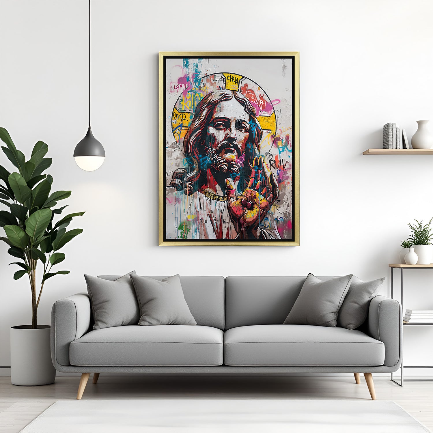 Golden-framed altered modern canvas of Jesus—fusion of religious symbolism and contemporary art perfect for premium spiritual home and office decor