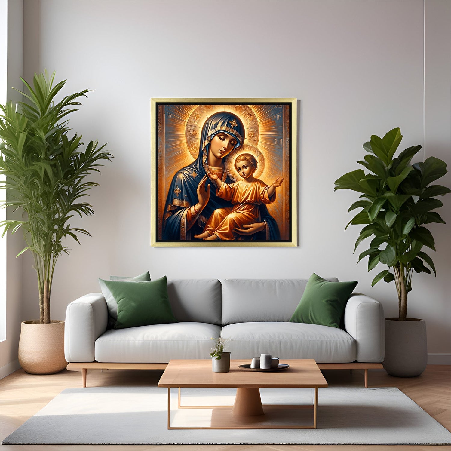 Golden frame Jesus Christ canvas wall art – spiritual Christian painting for elegant and Vastu-friendly home decor
