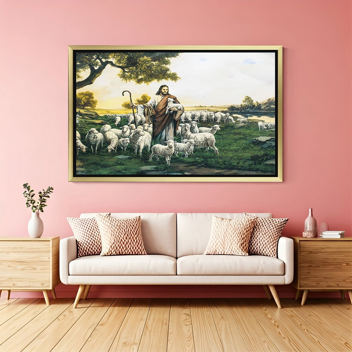 golden floater frame jesus canvas painting for prayer room or living space to spread faith serenity and divine light