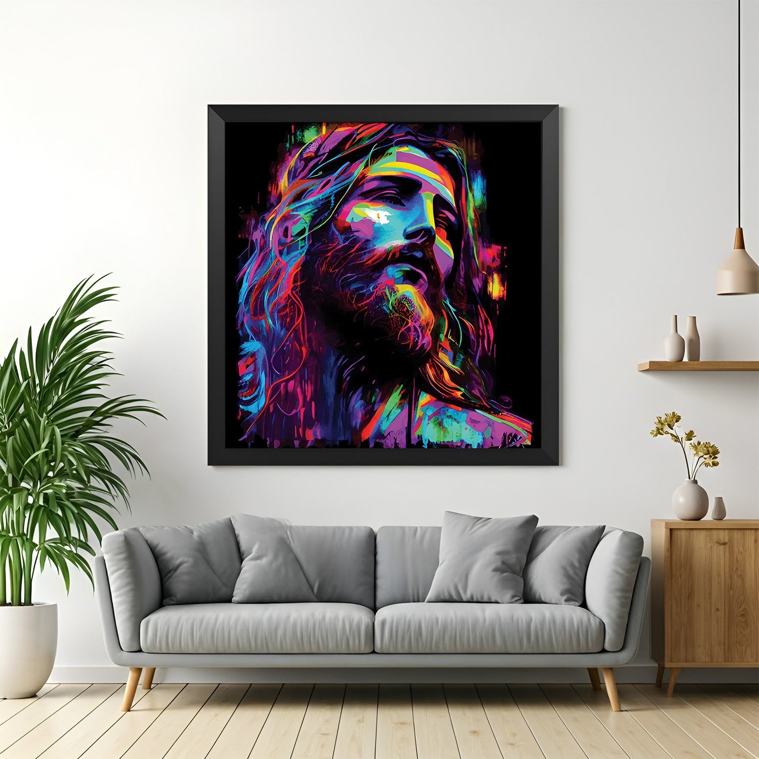 Black-framed canvas showing Jesus in electric party colors—striking modern religious artwork with rave-inspired design and expressive artistic strokes