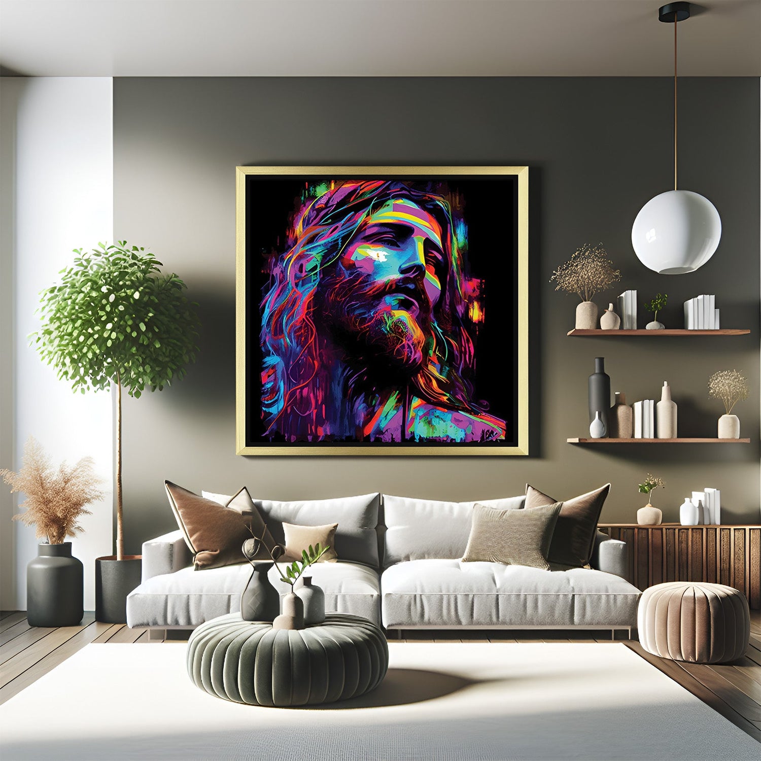 Golden-framed modern canvas of Jesus in disco-style colors—vibrant and spiritual altered art for bold interiors and unique home or office decor