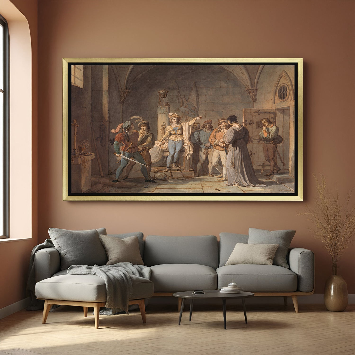 Golden-framed vintage canvas of Joan of Arc’s imprisonment—historic decor for traditional spaces