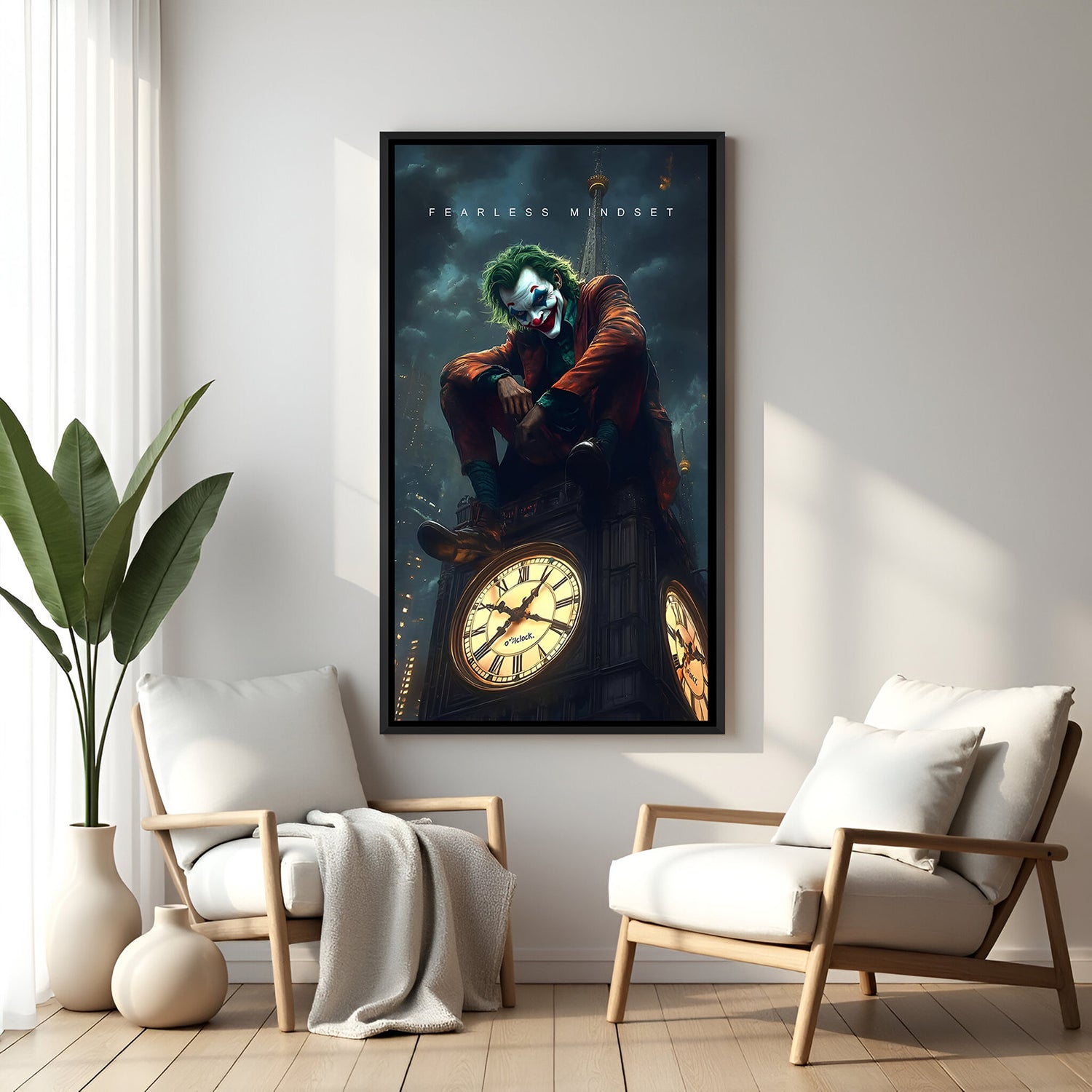 Joker clock tower painting in black floater frame - Batman villain artwork with Fearless Mindset