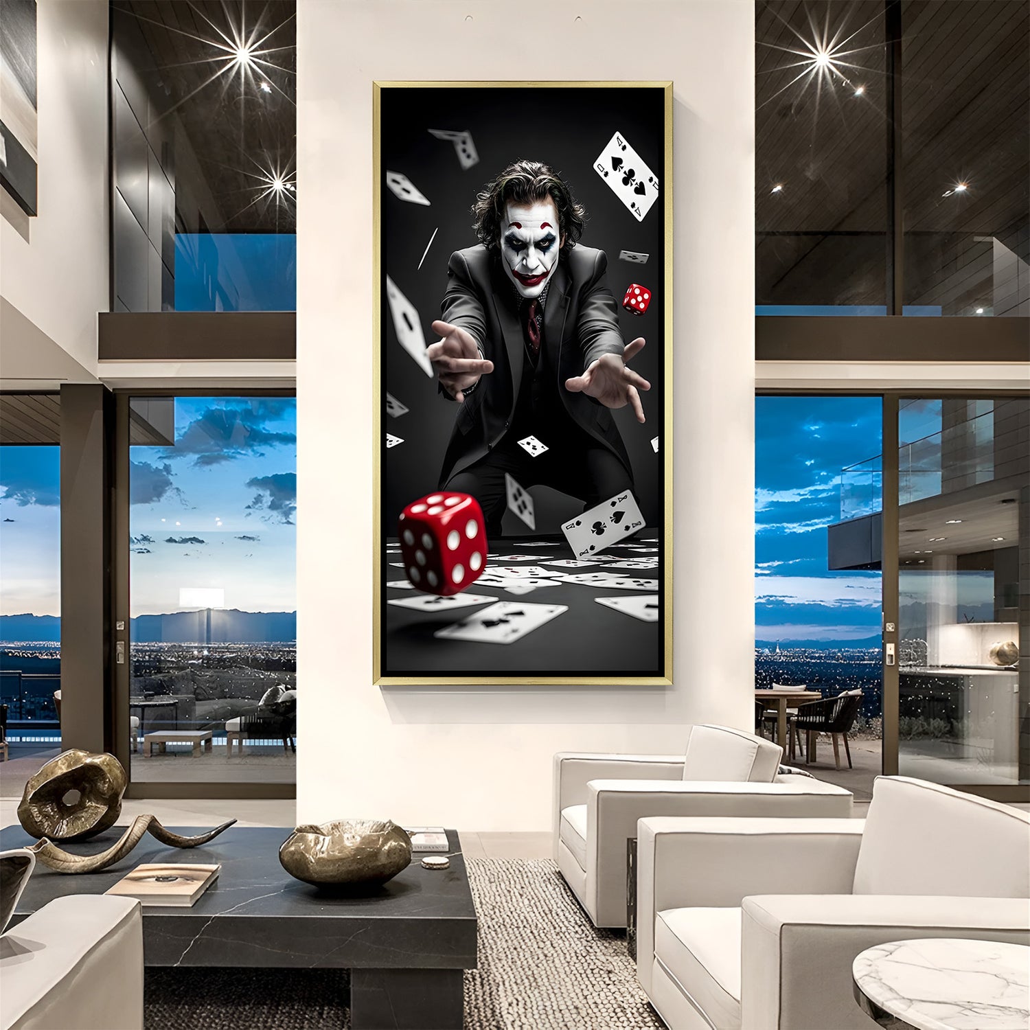Joker wall art in luxury golden floater frame with card throw villain design