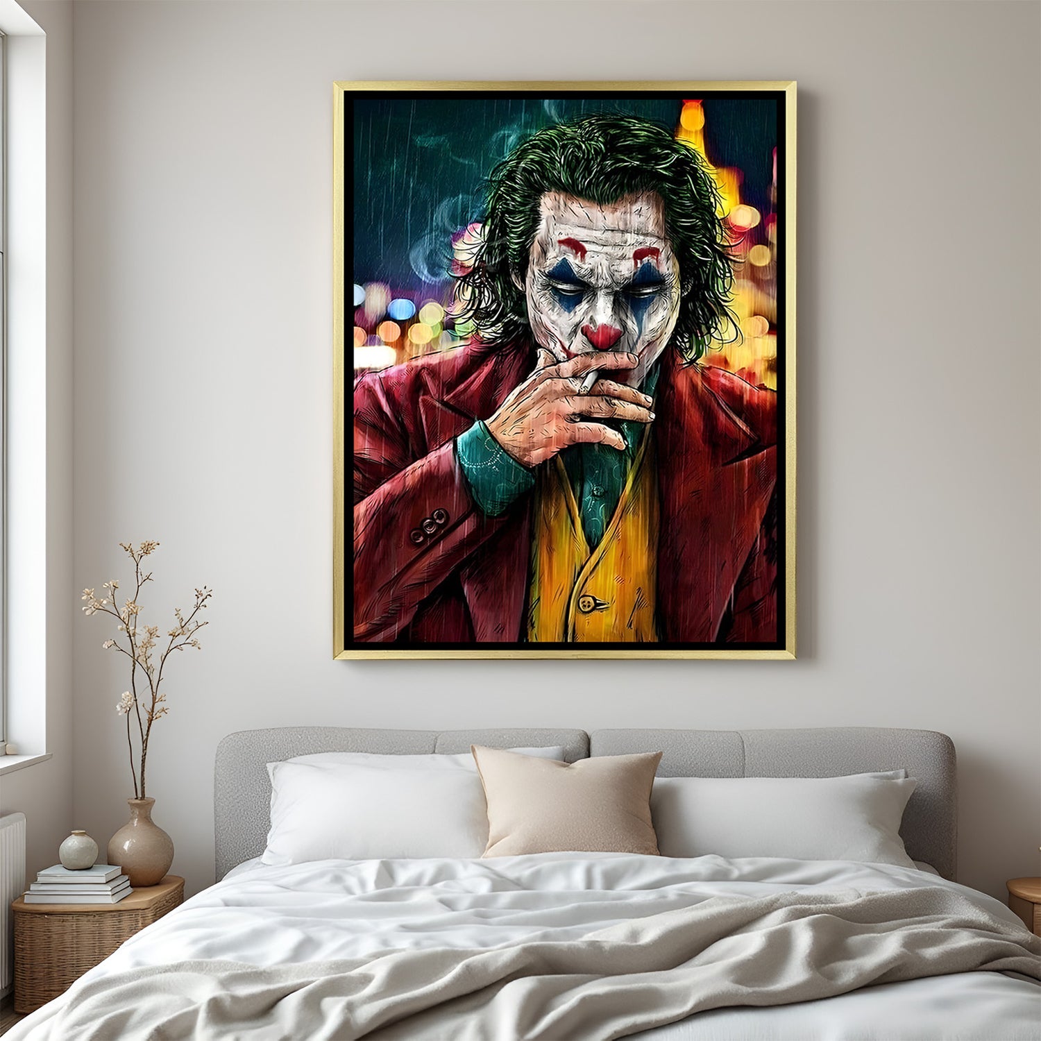 Joker wall art in luxury golden floater frame with cigar smoke villain design