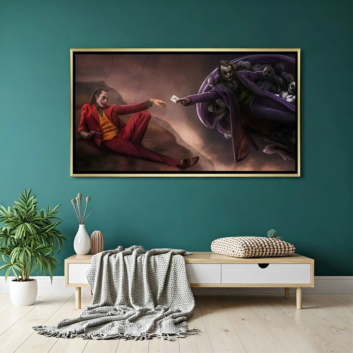 Joker Creation of Chaos artwork in luxury golden floater frame with dramatic comic-inspired design