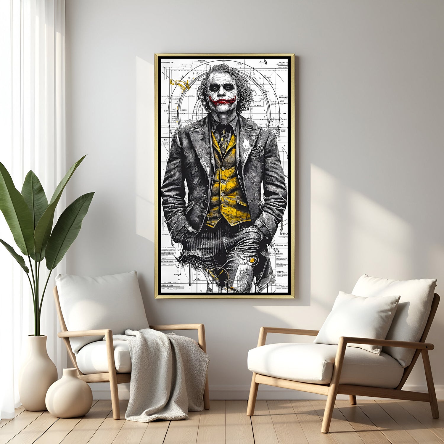 Joker wall art in luxury golden floater frame with black suit walking design